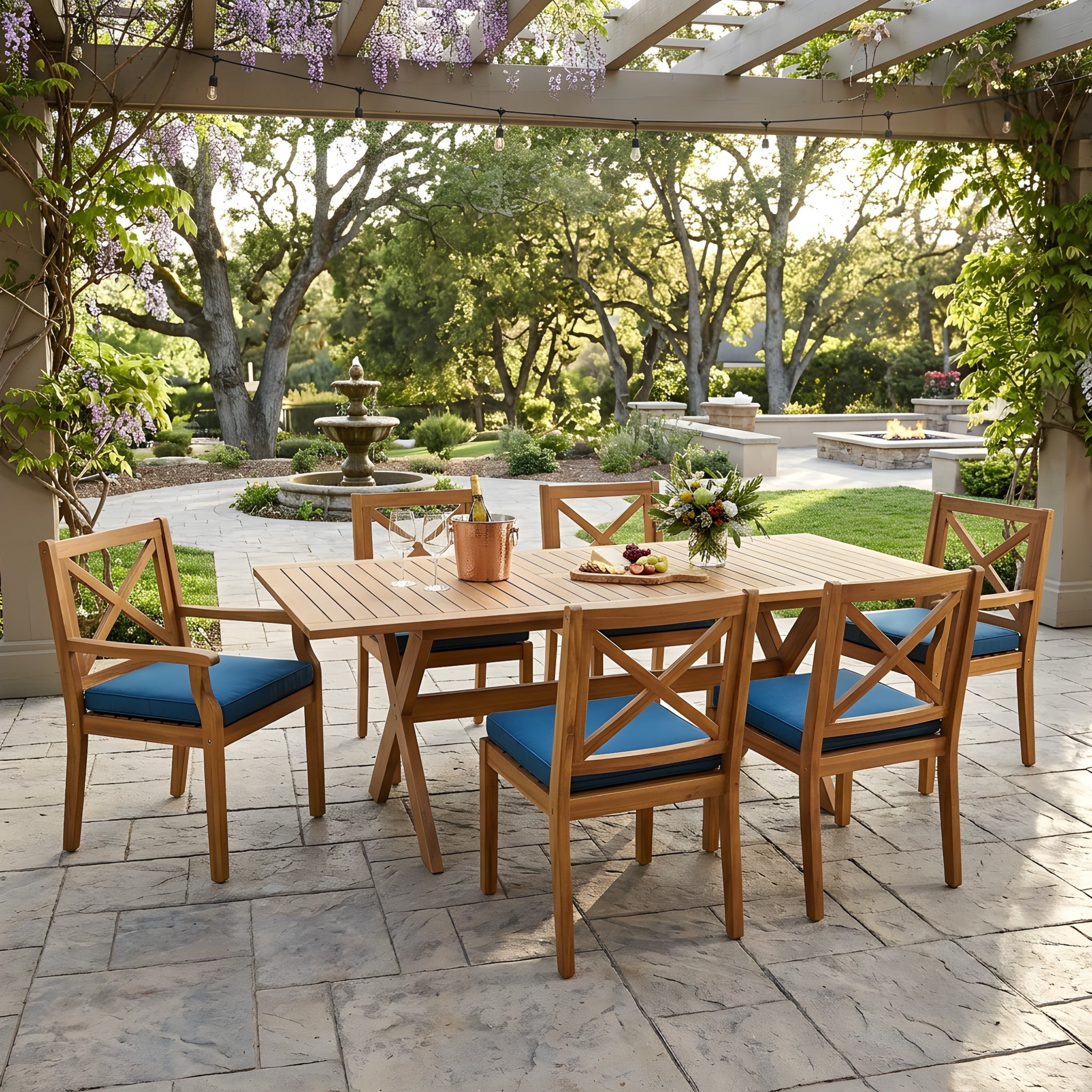 Christopher Knight Home 7-Piece Outdoor Wood Dining Set, Extendable Table with Rustic Chairs, Teak+Blue