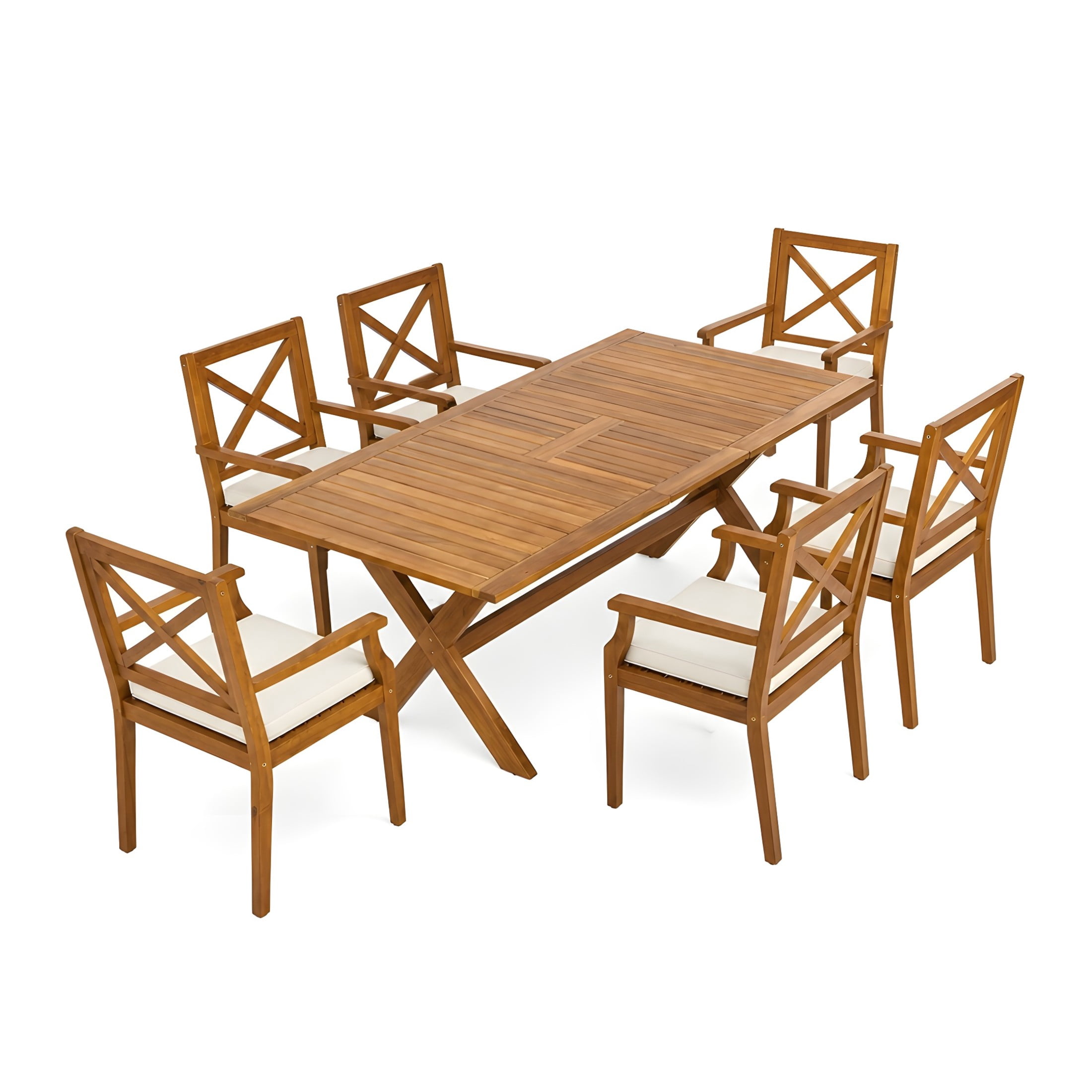 Christopher Knight Home 7-Piece Outdoor Wood Dining Set, Extendable Table with Rustic Chairs, Teak+Cream