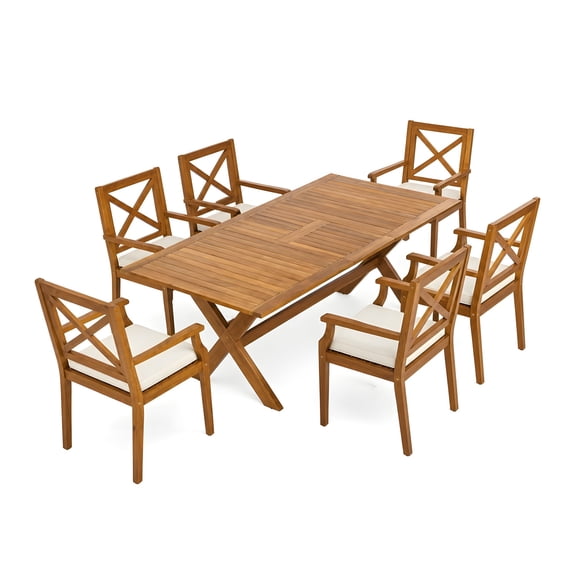 Christopher Knight Home 7-Piece Outdoor Wood Dining Set, Extendable Table with Rustic Chairs, Teak Cream