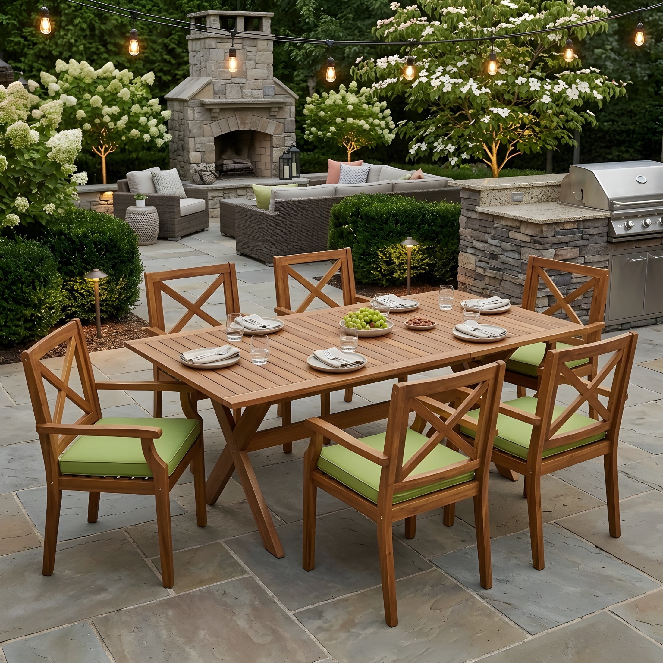 Christopher Knight Home 7-Piece Outdoor Wood Dining Set, Extendable Table with Rustic Chairs, Teak+Green