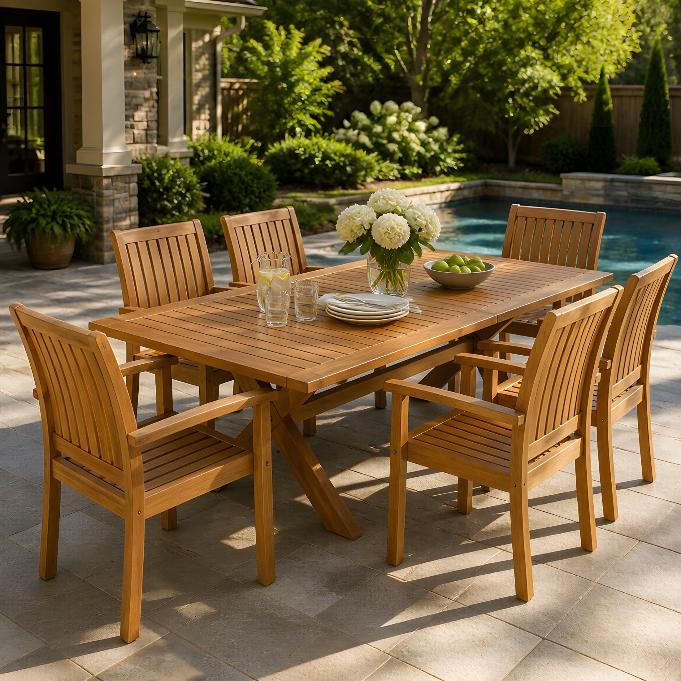 Christopher Knight Home 7-Piece Outdoor Wood Dining Set, Extendable Table with Slatted Chairs, Teak
