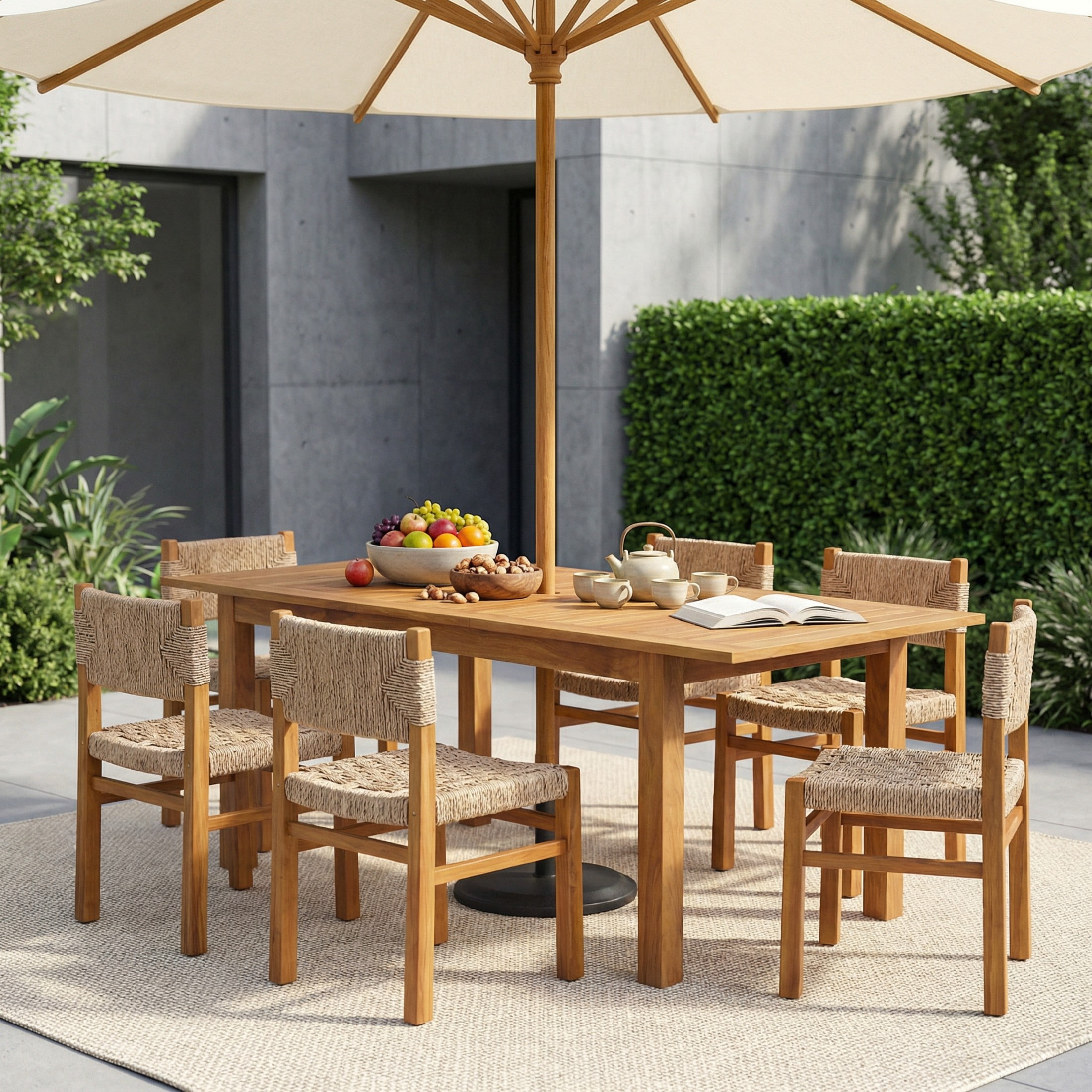 Christopher Knight Home 7-Piece Outdoor Wood Dining Set, Natural Expandable Table and Light Brown Wicker Chairs
