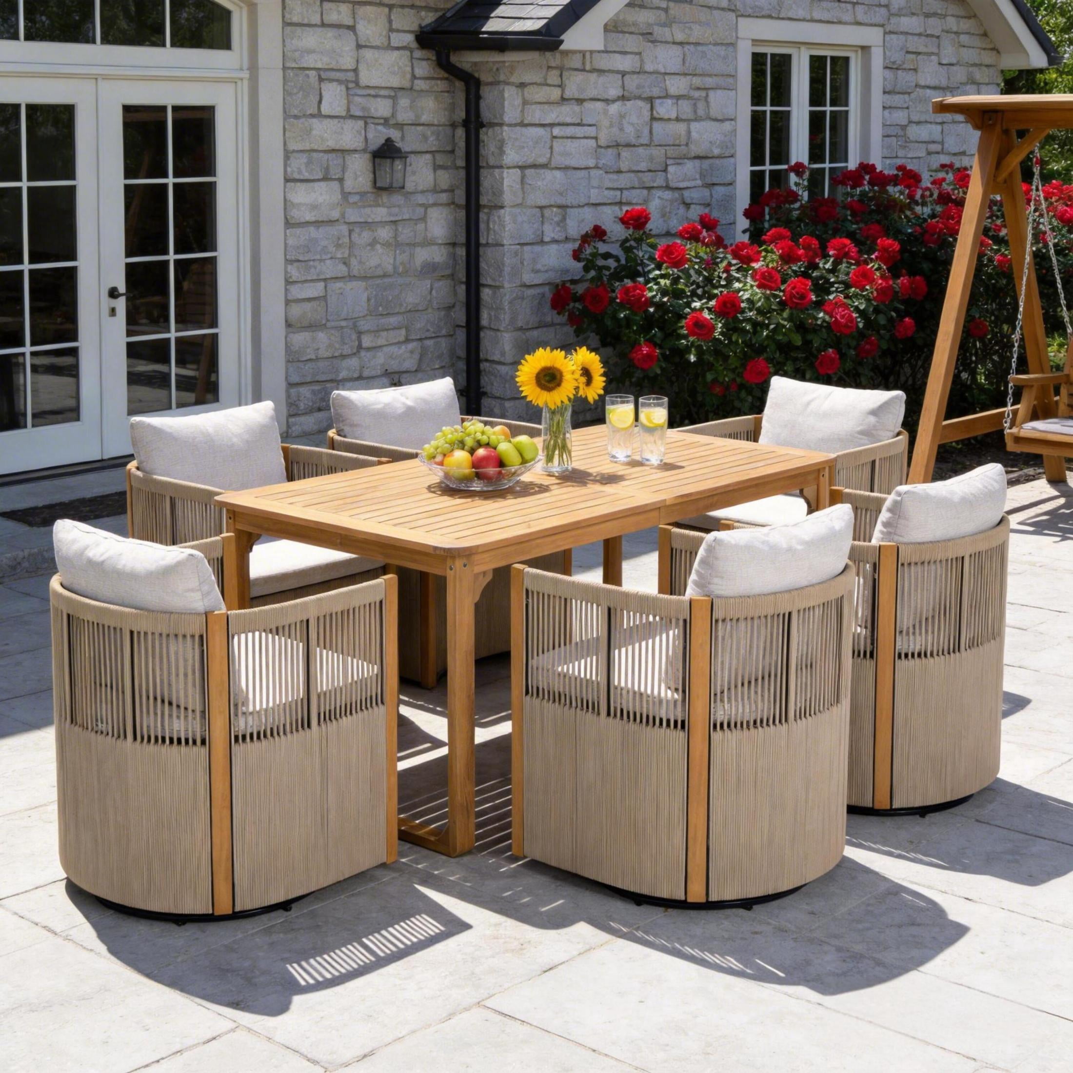 Christopher Knight Home 7-Piece Outdoor Wood Dining Set, Table and Beige Swivel Rope Chairs with Cushions