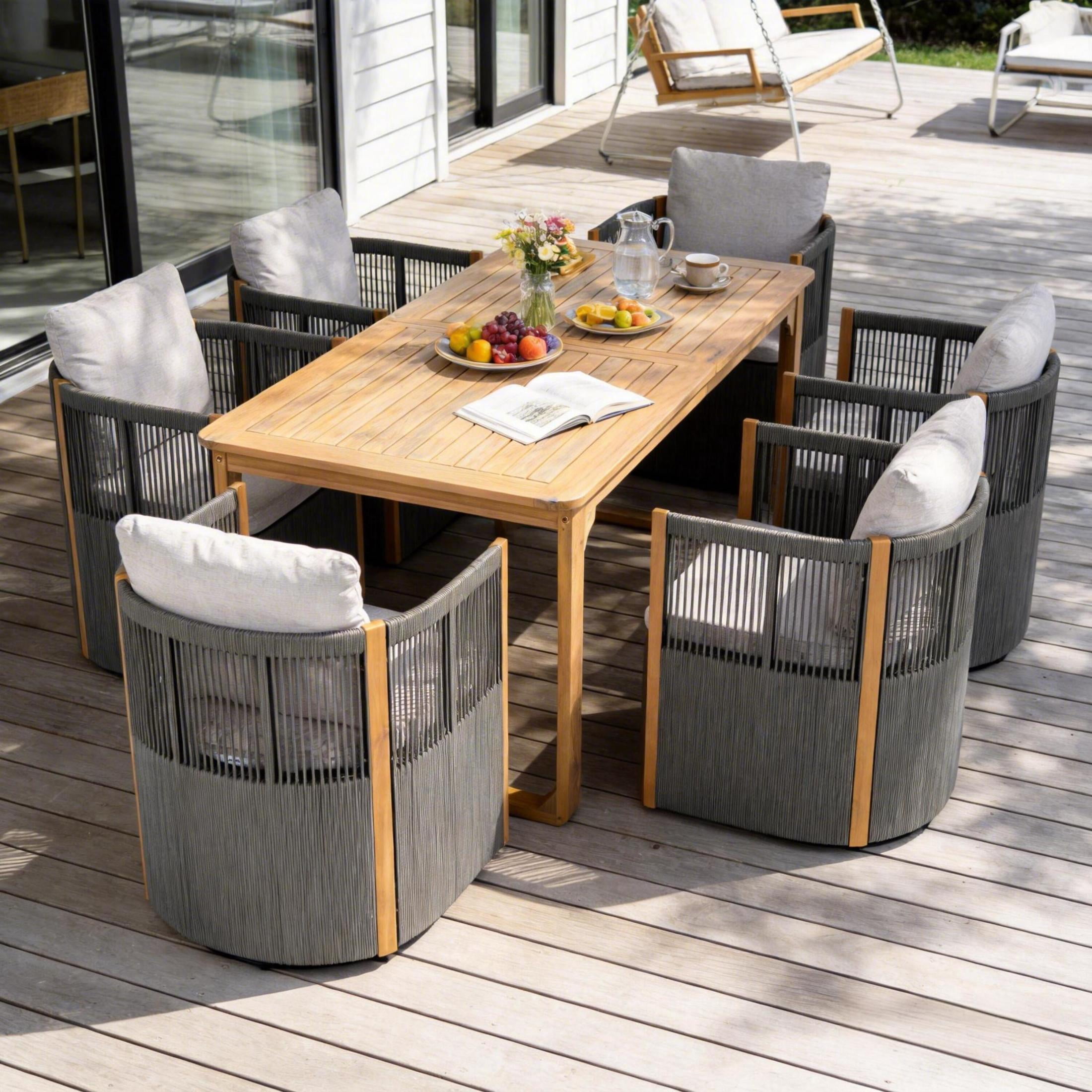 Christopher Knight Home 7-Piece Outdoor Wood Dining Set, Table and Gray Swivel Rope Chairs with Cushions