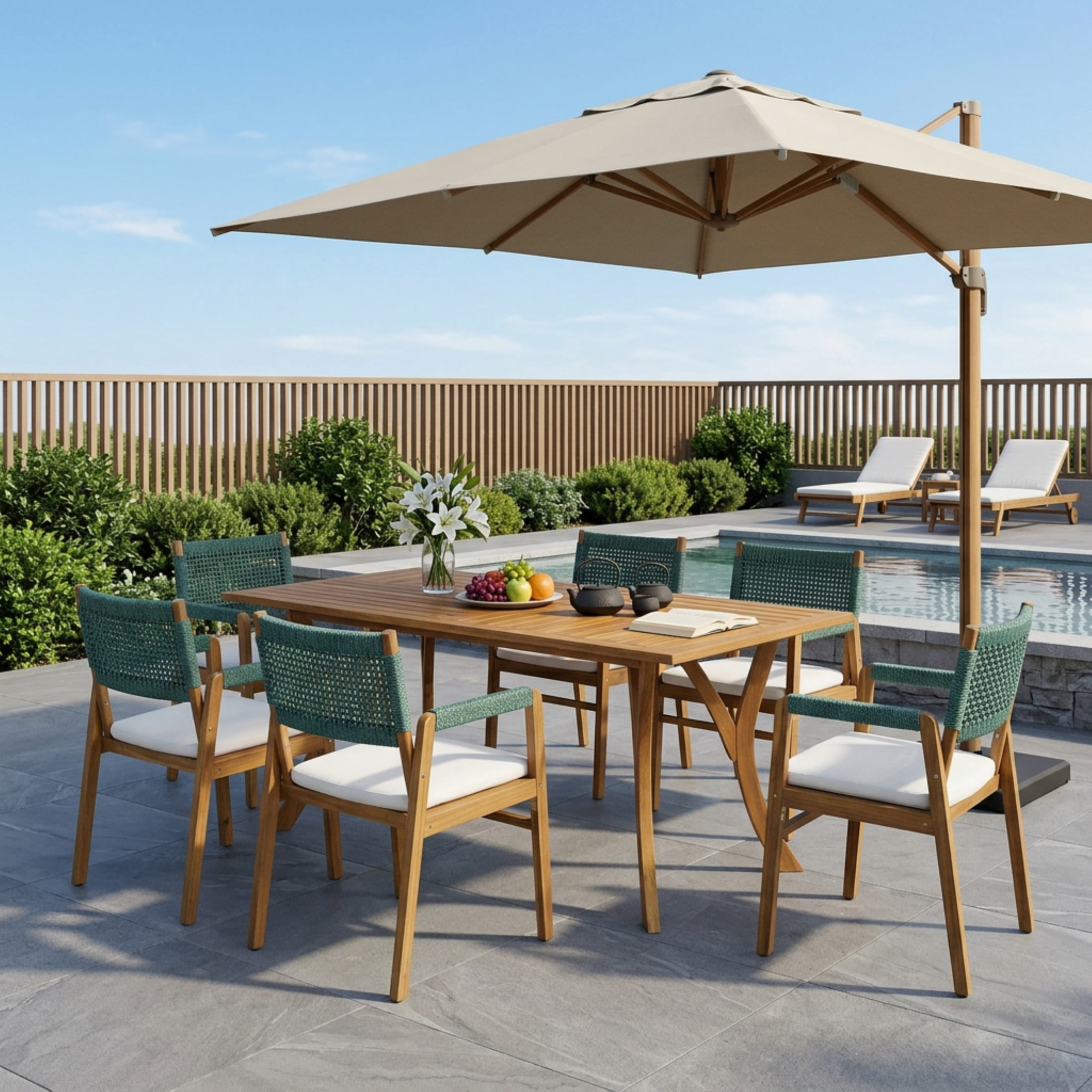 Christopher Knight Home 7-Piece Outdoor Wood Dining Set with Rope Chairs and Rectangular Table, Green+Teak