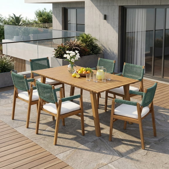 Christopher Knight Home 7-Piece Outdoor Wooden Dining Set with Rope Chairs and 69" Table, Green+Teak