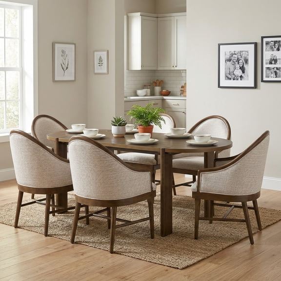 Christopher Knight Home 7-Piece Oval Dining Table with Upholstered Chairs, Farmhouse Kitchen Set, Walnut