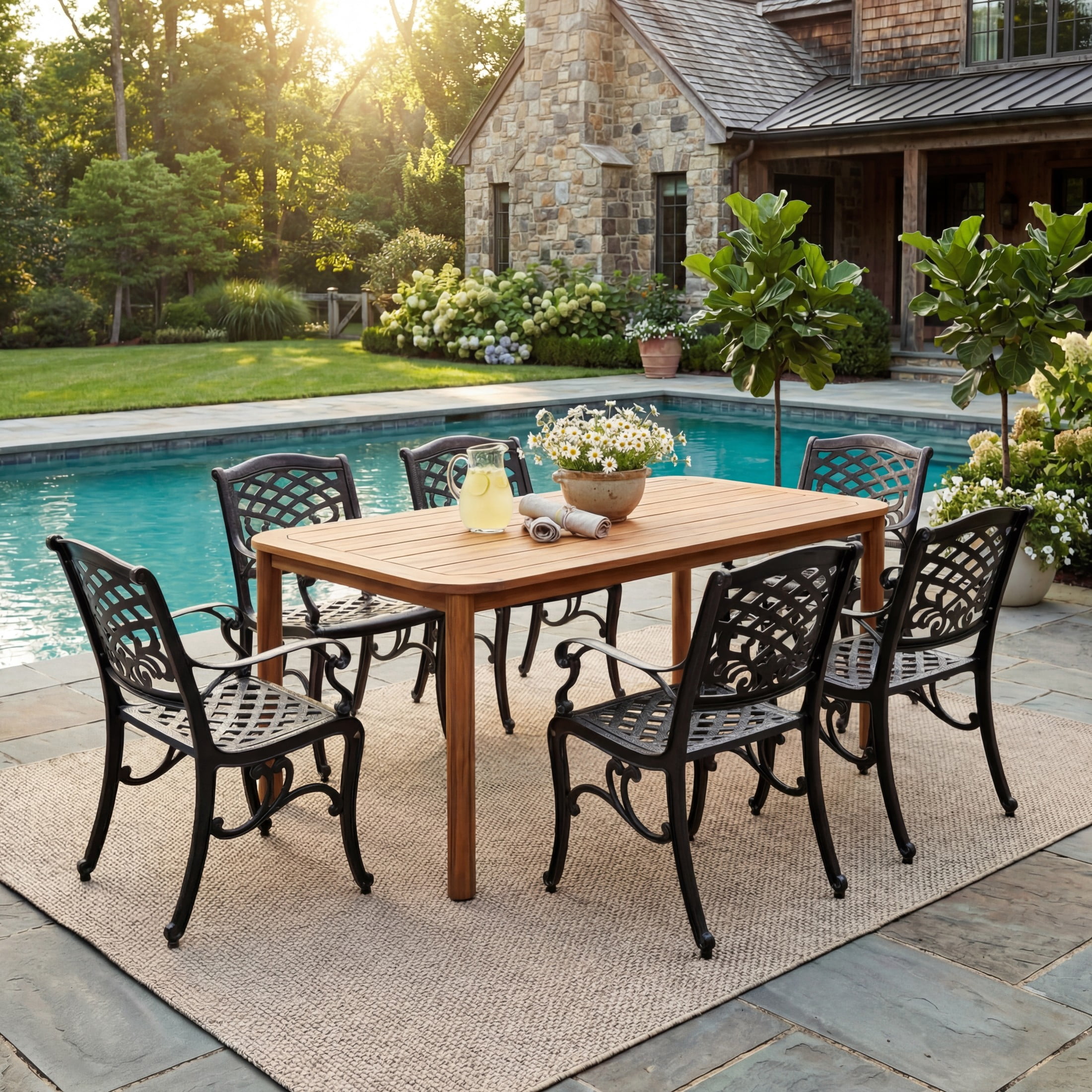 Christopher Knight Home 7-Piece Patio Dining Set, Acacia Wood Table & Aluminum Chairs, Teak+Bronze