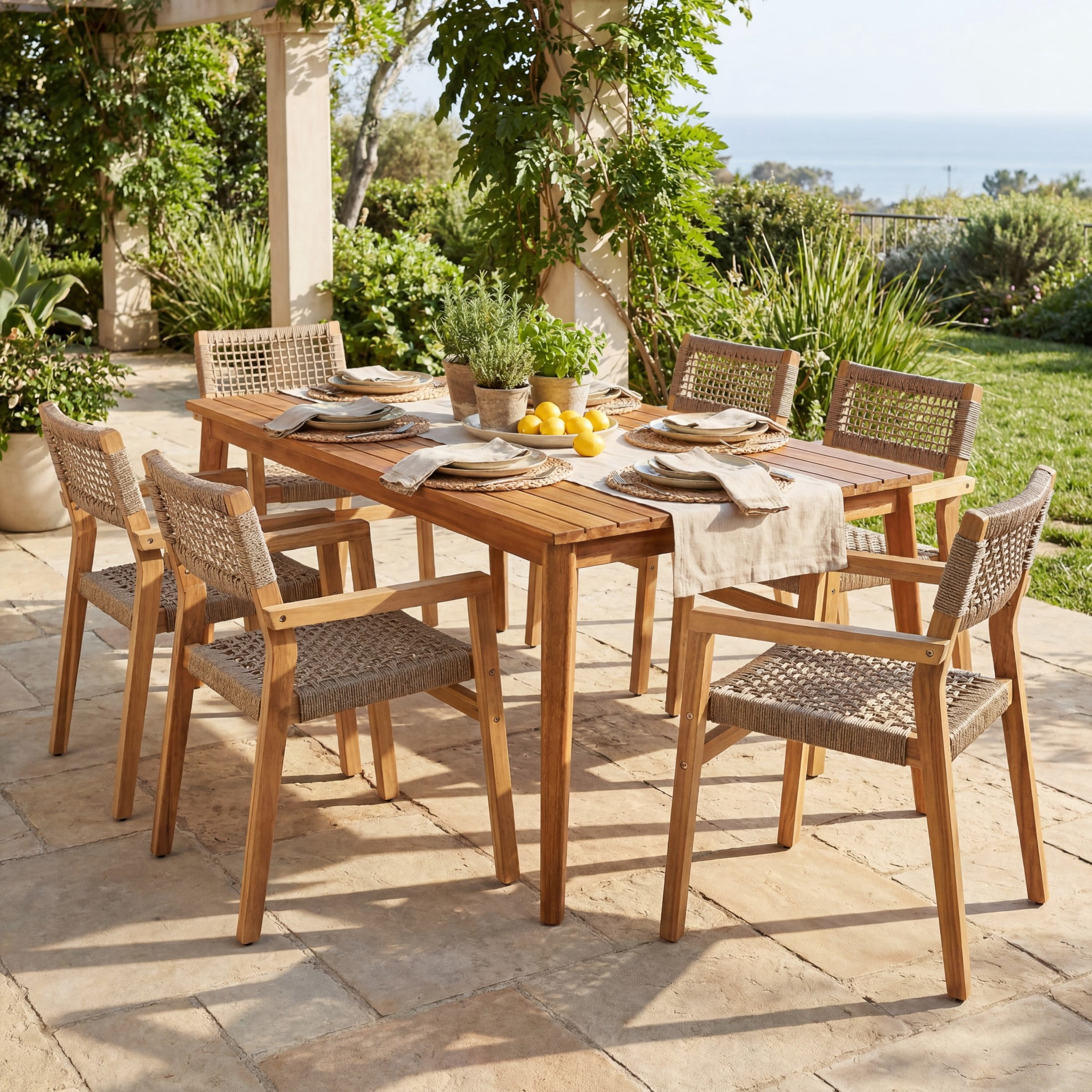 Christopher Knight Home 7-Piece Patio Dining Set, Acacia Wood Table and Rope Woven Chairs, Light Teak
