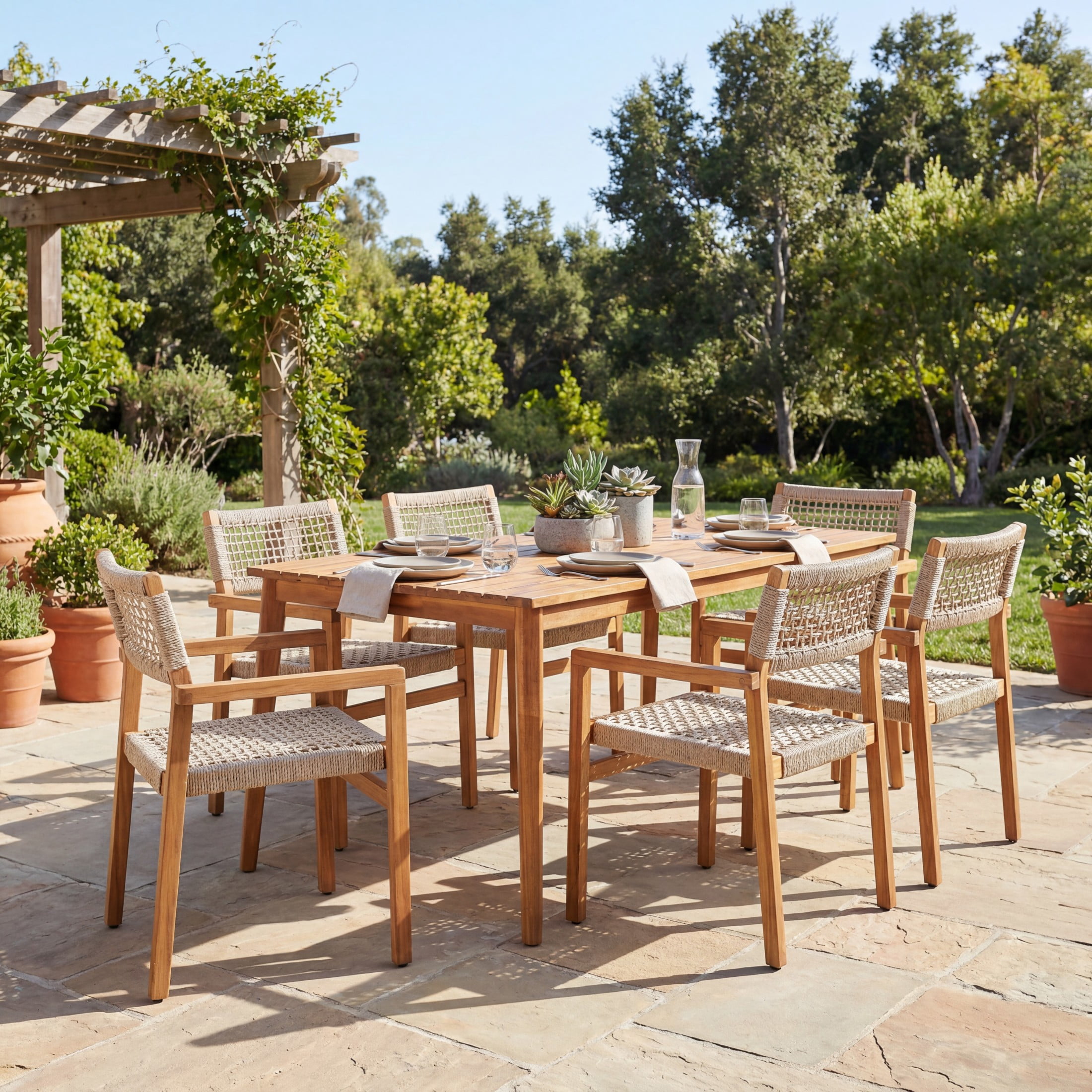 Christopher Knight Home 7-Piece Patio Dining Set, Acacia Wood Table and Rope Woven Chairs, Teak
