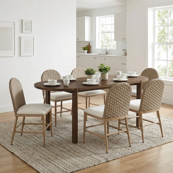 Christopher Knight Home 7-Piece Retro Country Walnut Oval Dining Table Set with Rattan Back Chairs