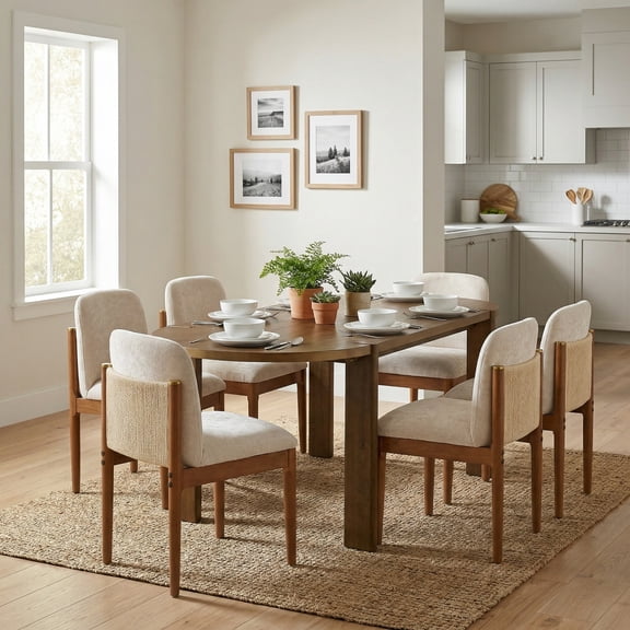 Christopher Knight Home 7-Piece Retro Oval Dining Table with Upholstered Chairs, Rope Back, Walnut