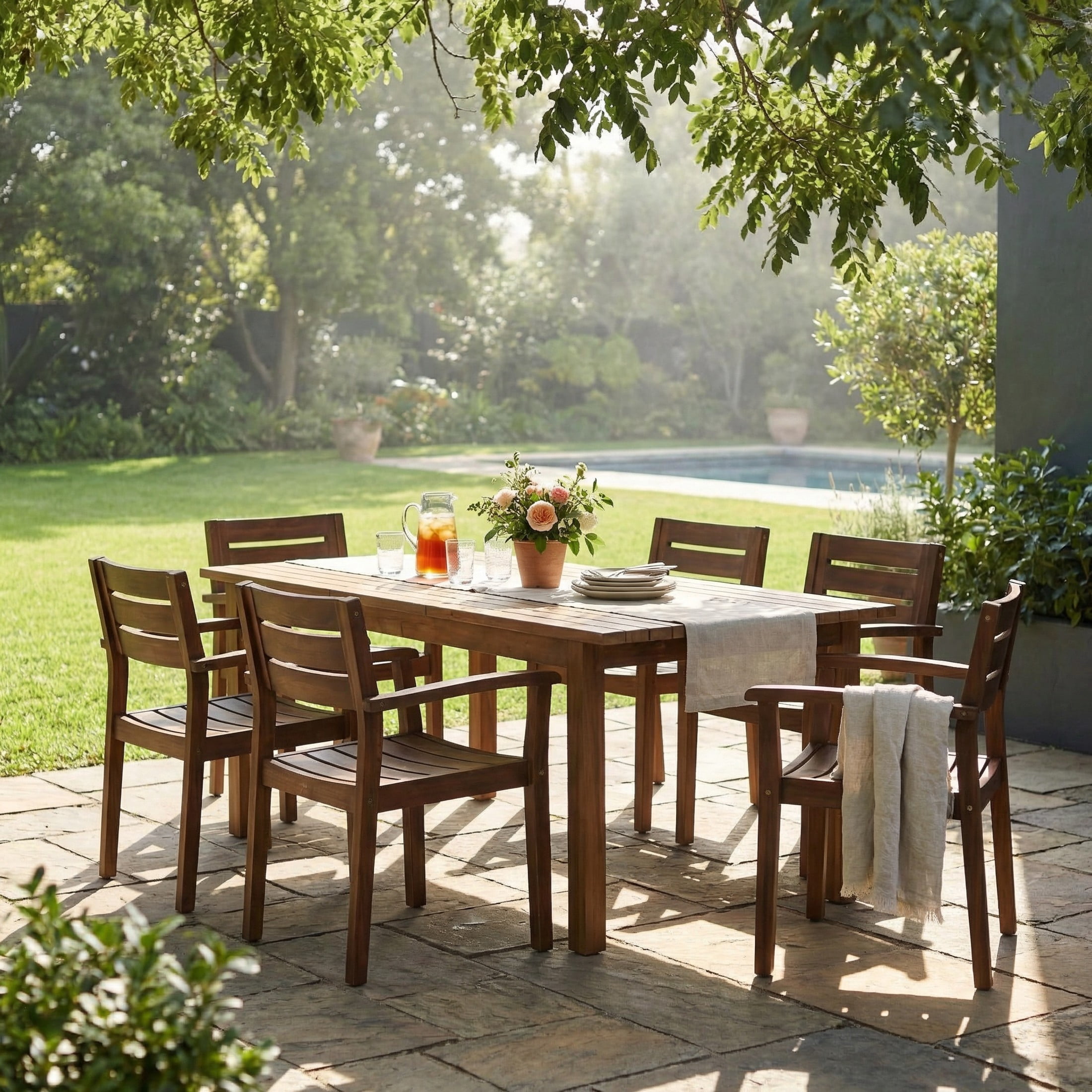 Christopher Knight Home 7-Piece Rustic 87.5" Acacia Wood Outdoor Expandable Dining Set, Teak+Dark Brown