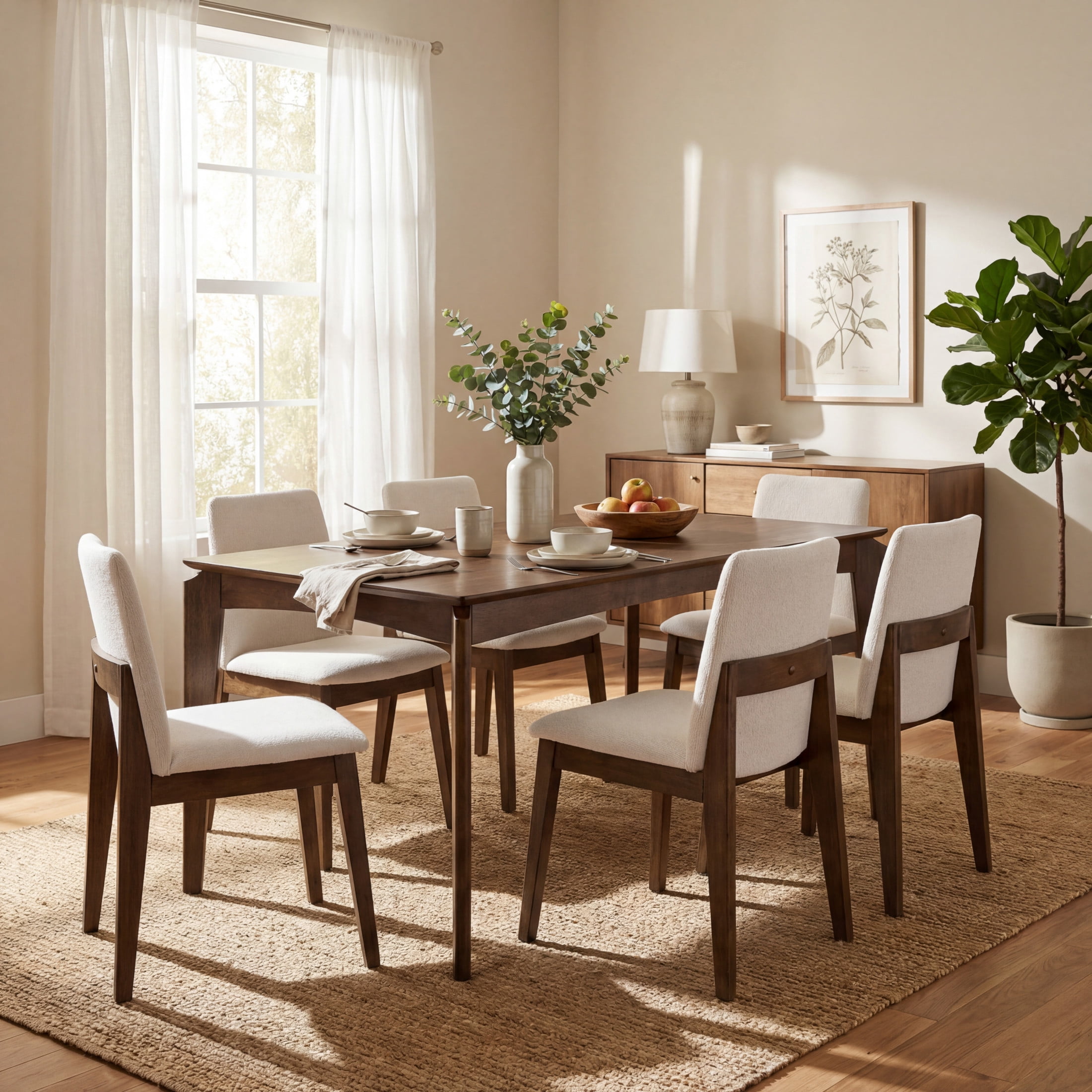 Christopher Knight Home 7-Piece Rustic Dining Set, 59" Table with Upholstered Armless Chairs, Walnut+Beige