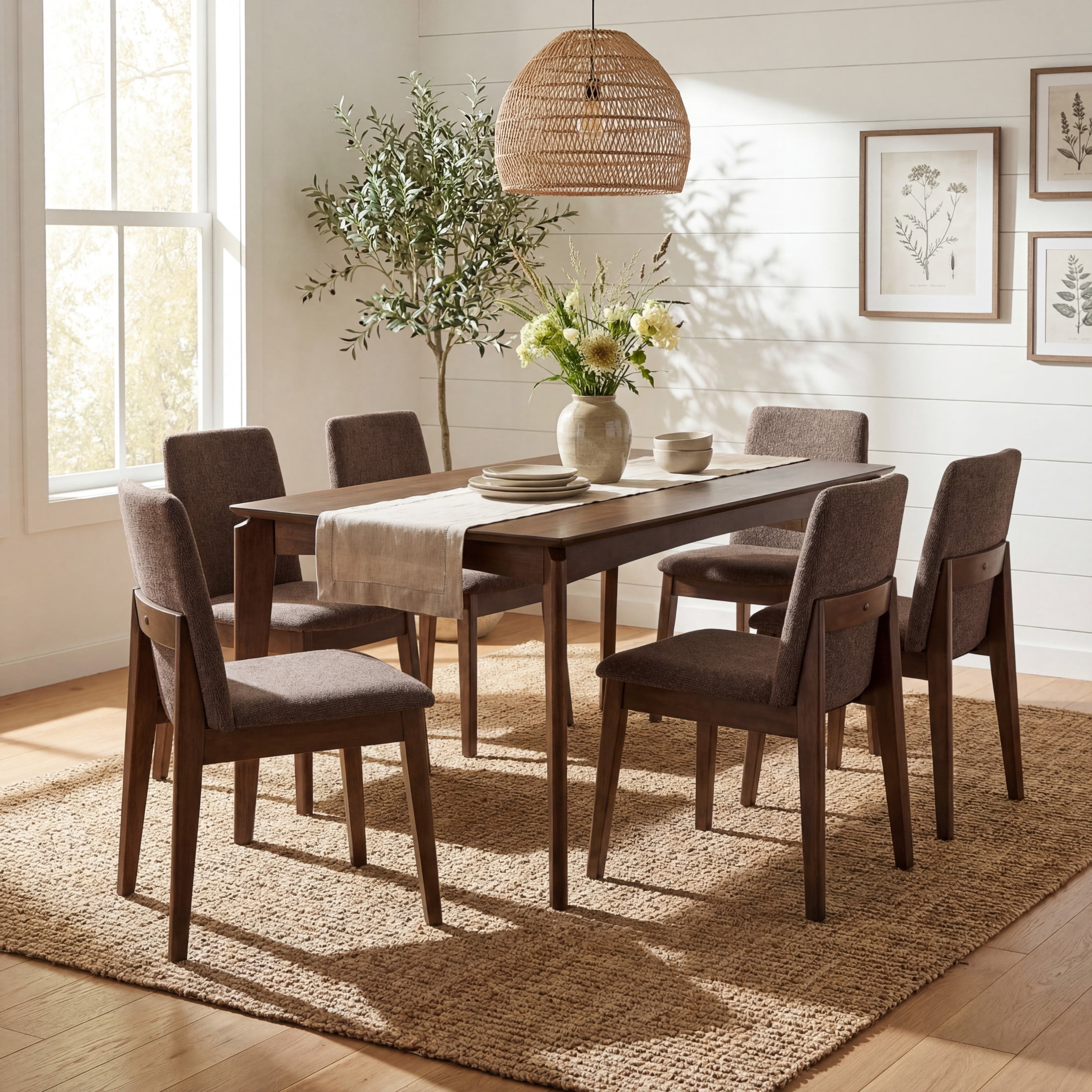 Christopher Knight Home 7-Piece Rustic Dining Set, 59" Table with Upholstered Armless Chairs, Walnut+Brown