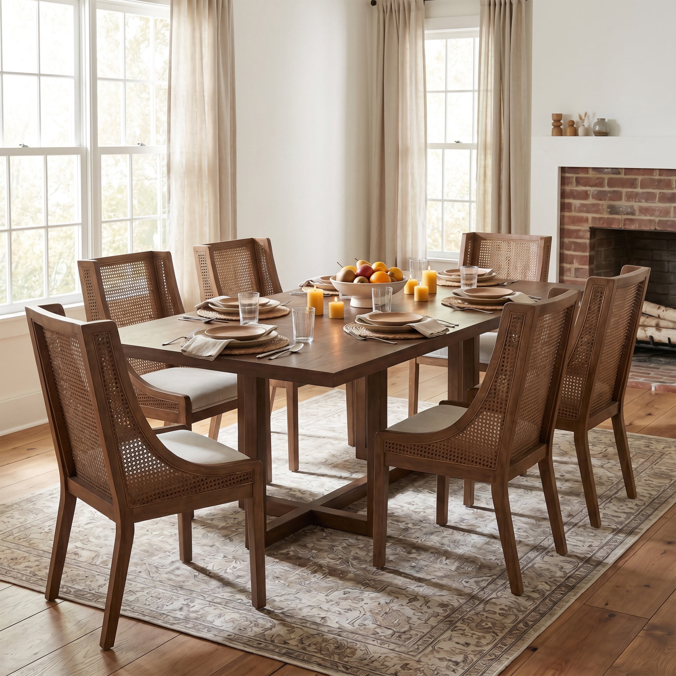 Christopher Knight Home 7-Piece Rustic Dining Set, 95" Table with Upholstered Cane Back Chairs, Walnut+Beige