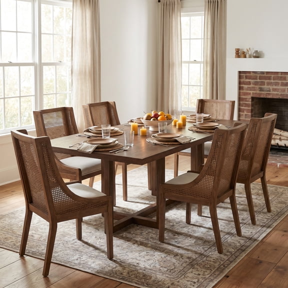 Christopher Knight Home 7-Piece Rustic Dining Set, 95" Table with Upholstered Cane Back Chairs, Walnut Beige