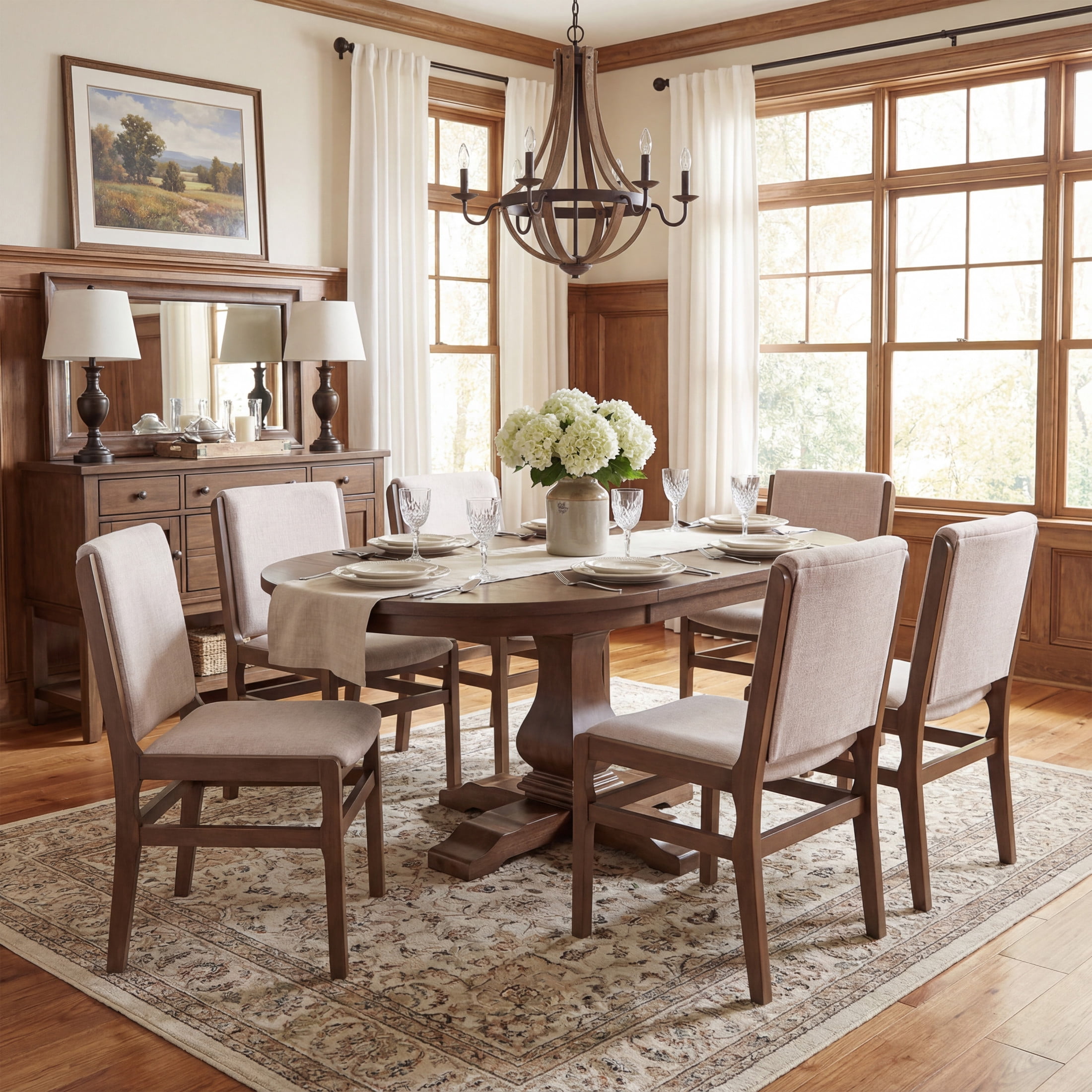 Christopher Knight Home 7-Piece Rustic Extendable Oval Dining Table with Upholstered Chairs, Walnut