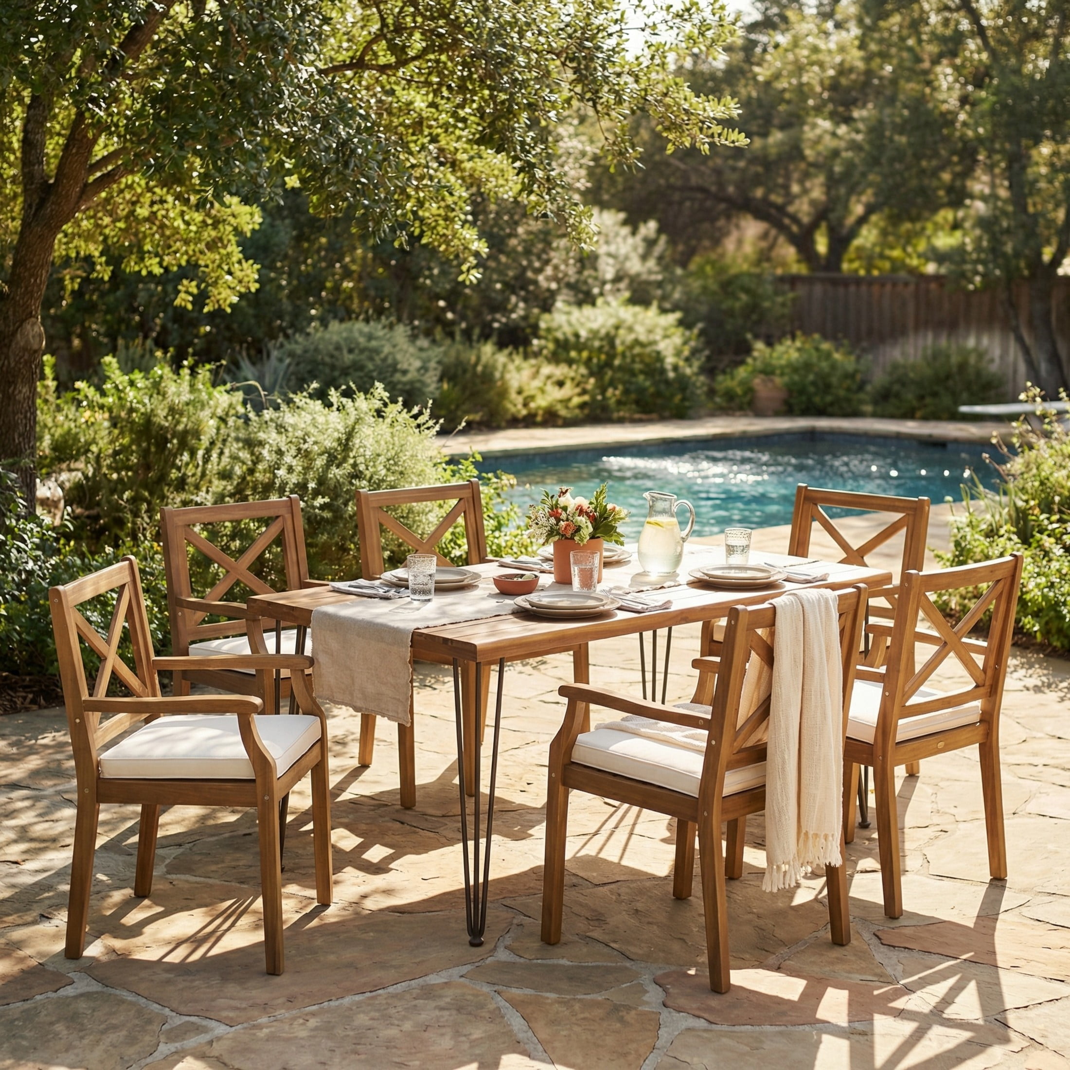 Christopher Knight Home 7-Piece Rustic Outdoor Acacia Wood Dining Set with Cream Cushions, Teak Finish