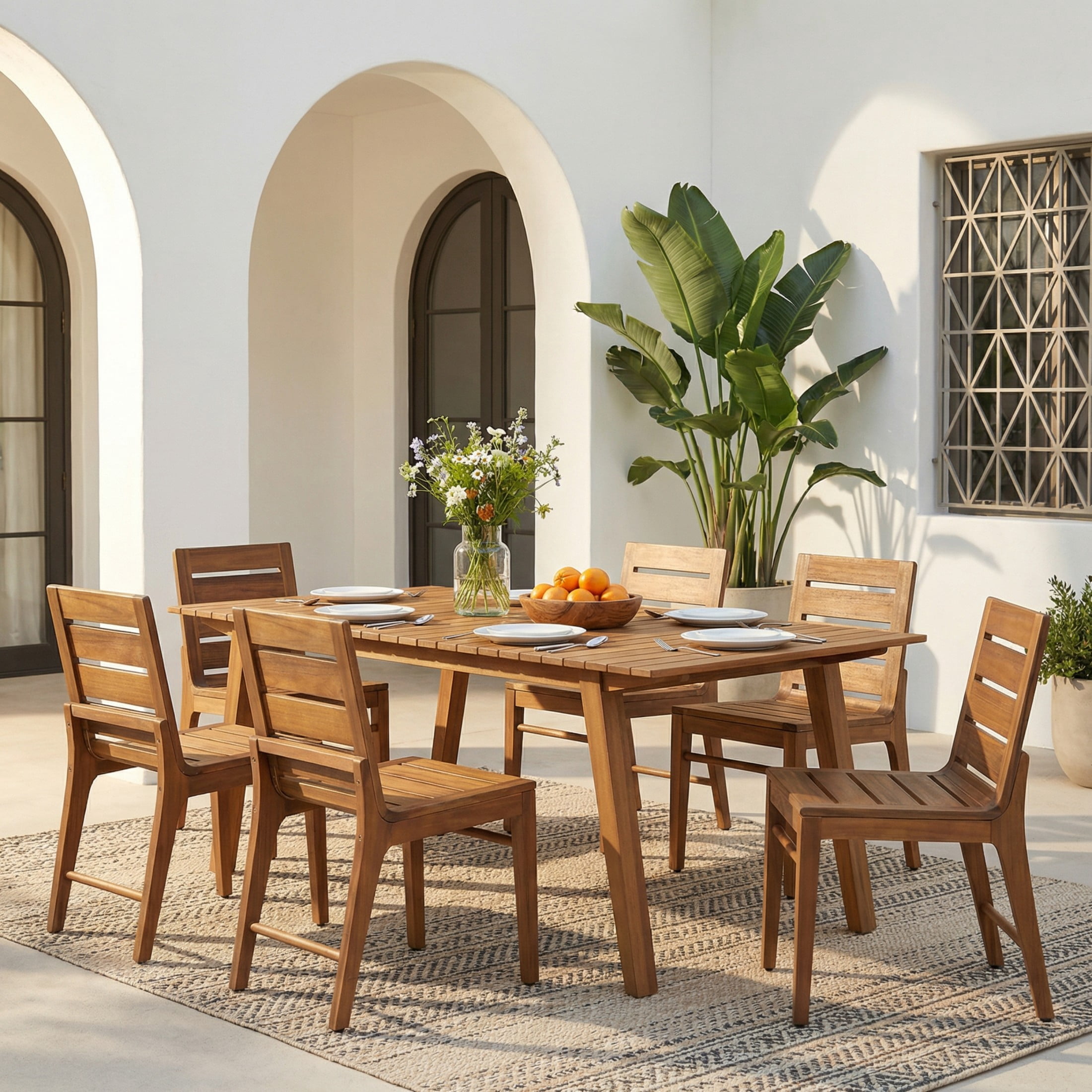 Christopher Knight Home 7-Piece Rustic Outdoor Dining Set, 68.5" Table and Slatted Chairs, Teak Finish