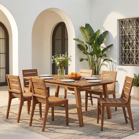 Christopher Knight Home 7-Piece Rustic Outdoor Dining Set, 68.5" Table and Slatted Chairs, Teak Finish