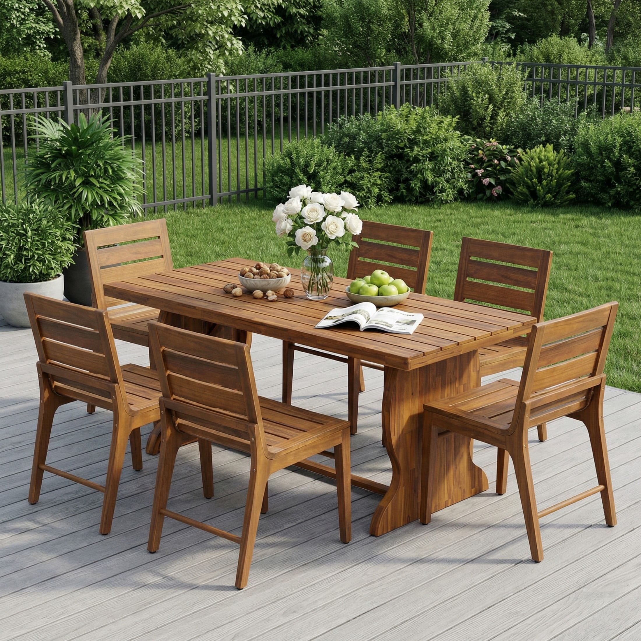 Christopher Knight Home 7-Piece Rustic Outdoor Dining Set, 70" Table and Slatted Chairs, Teak Finish