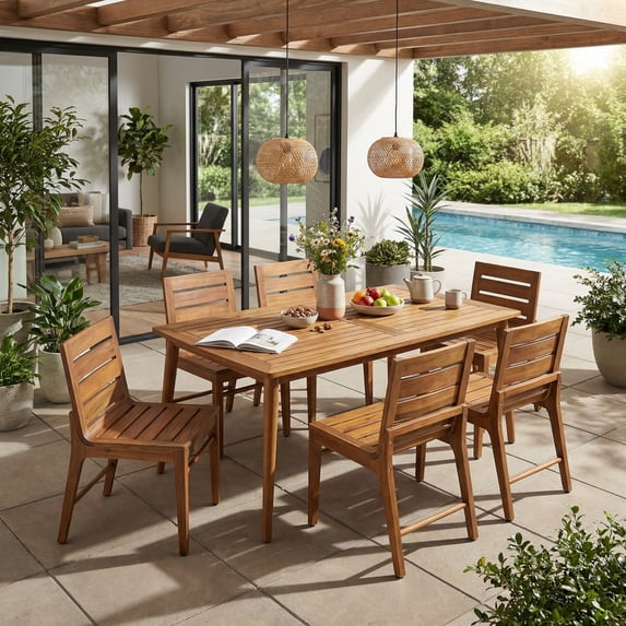 Christopher Knight Home 7-Piece Rustic Outdoor Dining Set, 71" Table and Slatted Chairs, Teak Finish