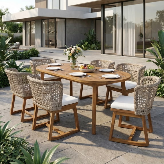 Christopher Knight Home 7-Piece Rustic Outdoor Oval Wicker Dining Set with Cushions, Teak+Beige