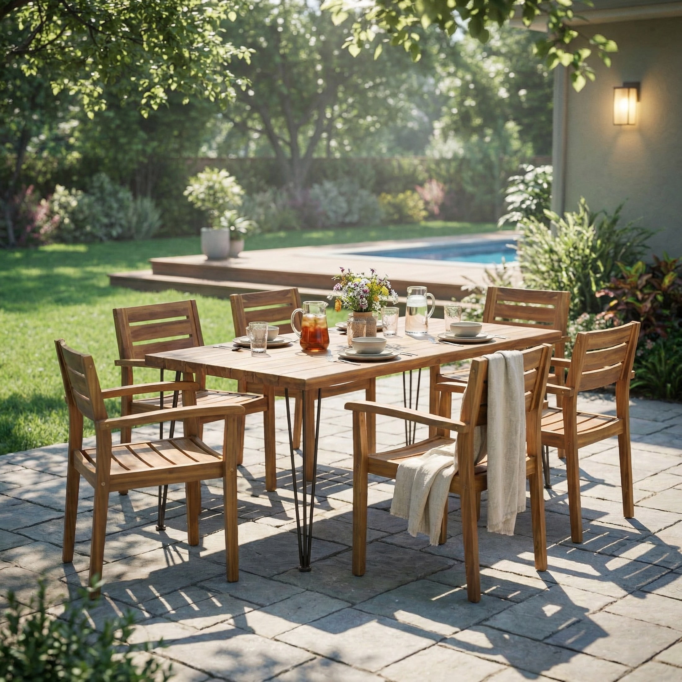 Christopher Knight Home 7-Piece Rustic Outdoor Patio Acacia Wood Dining Set for 6, Teak Finish