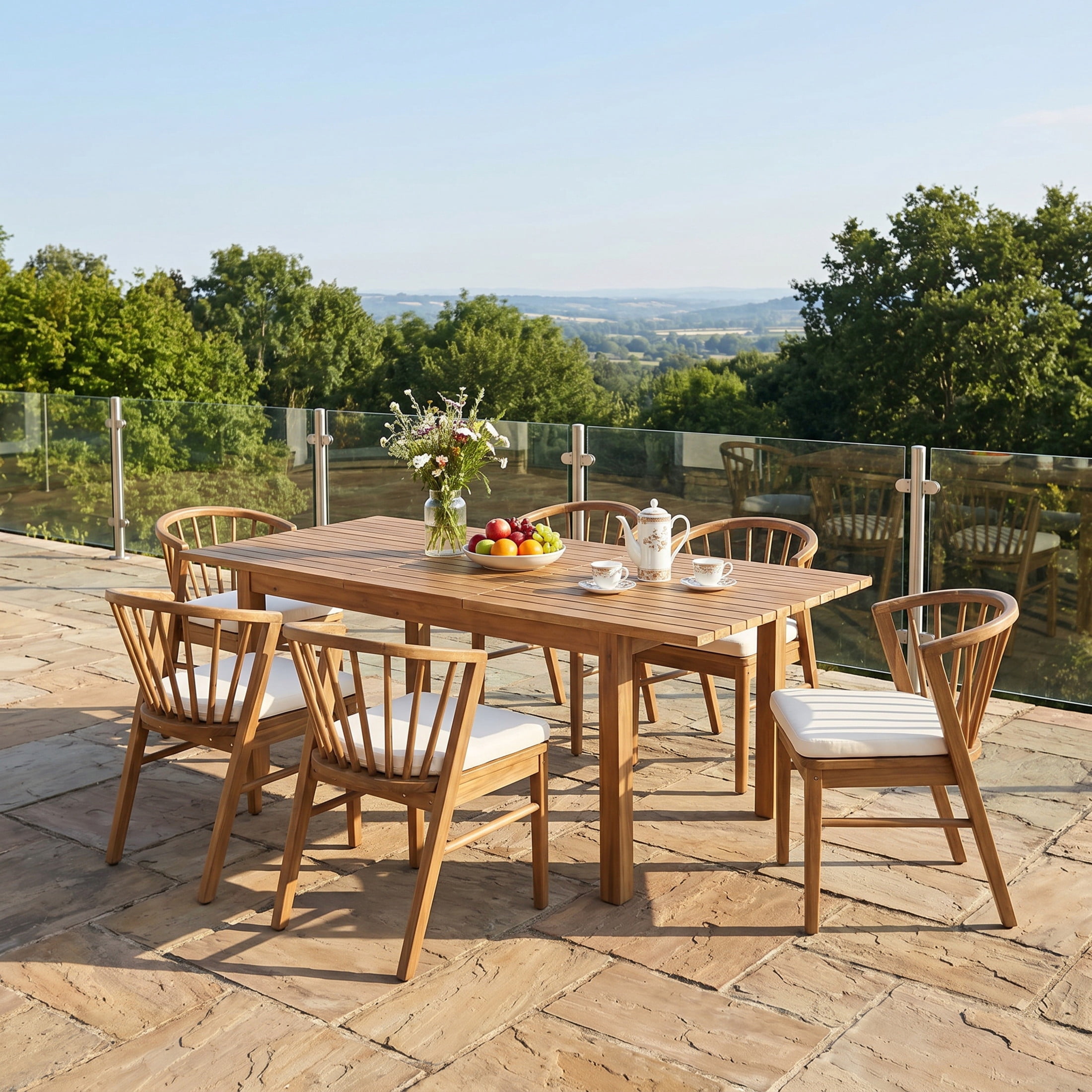 Christopher Knight Home 7-Piece Rustic Patio Expandable Dining Table with Windsor Chairs, Teak+Cream