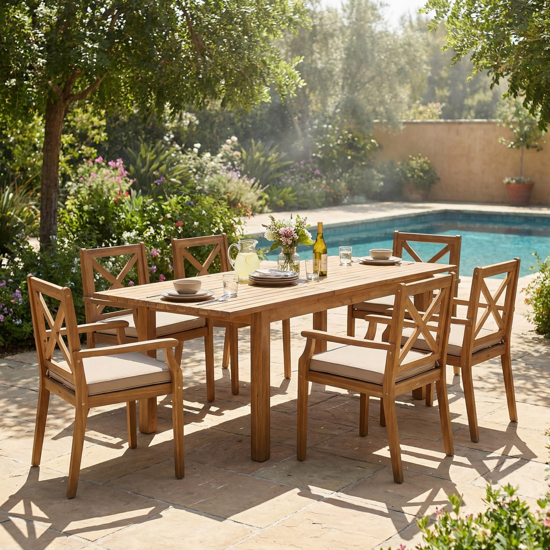 Christopher Knight Home 7-Piece Rustic Teak Outdoor Expandable Dining Set with Cream Cushion
