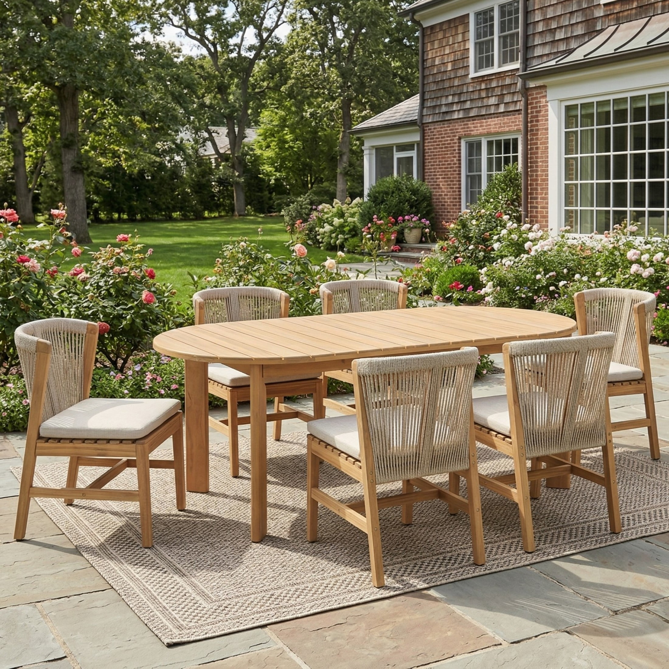 Christopher Knight Home 7-Piece Scandinavian Wood Outdoor Dining Set, Rope Back and Beige Cushions, Light Teak