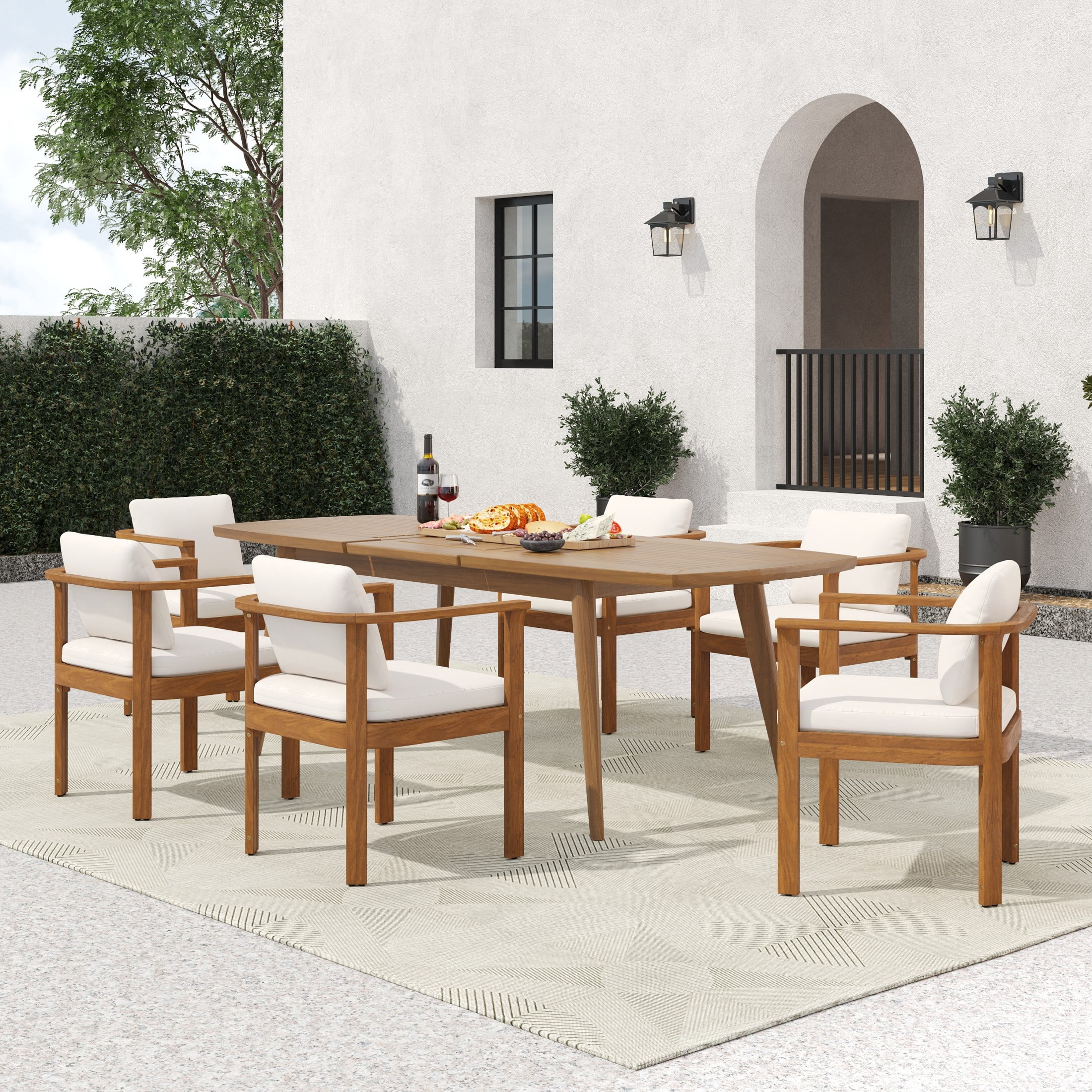Christopher Knight Home 7-Piece Teak Outdoor Extendable Dining Table with Chairs, Cream Cushions