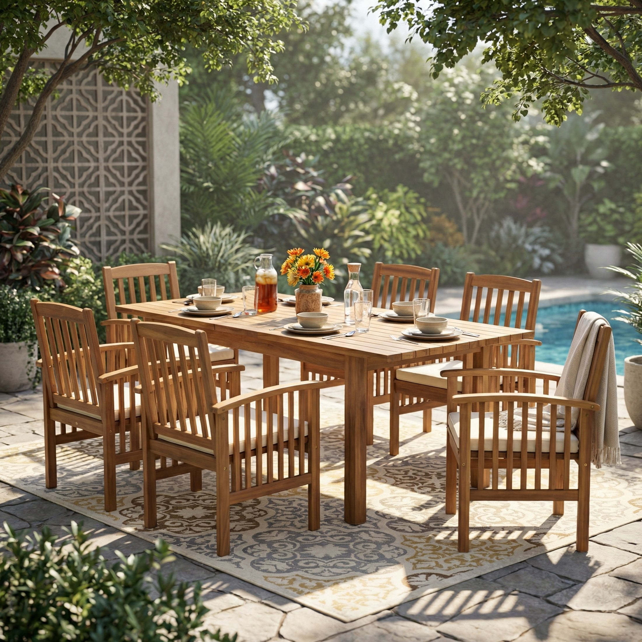 Christopher Knight Home 7-Piece Teak Slatted Outdoor Patio Expandable Dining Set with Cream Cushion