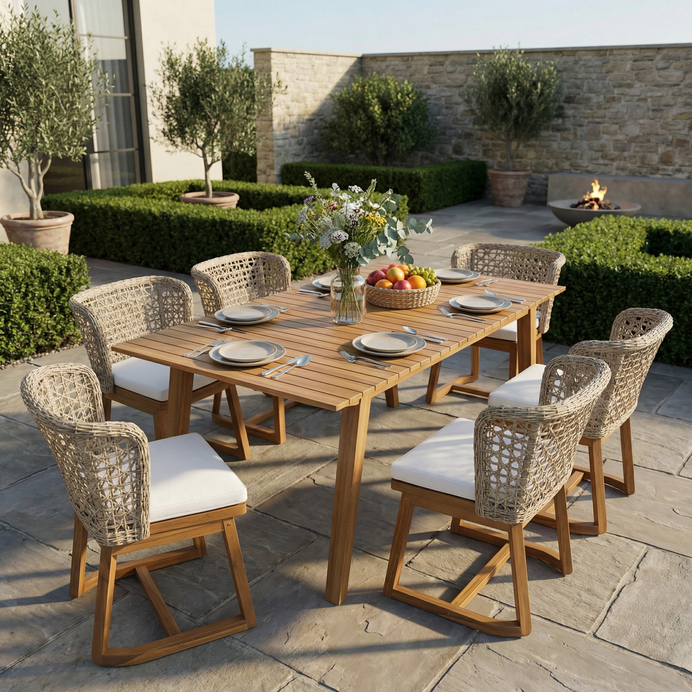 Christopher Knight Home 7-Piece Transitional Outdoor Wicker Dining Set with Cushions, Teak+Beige