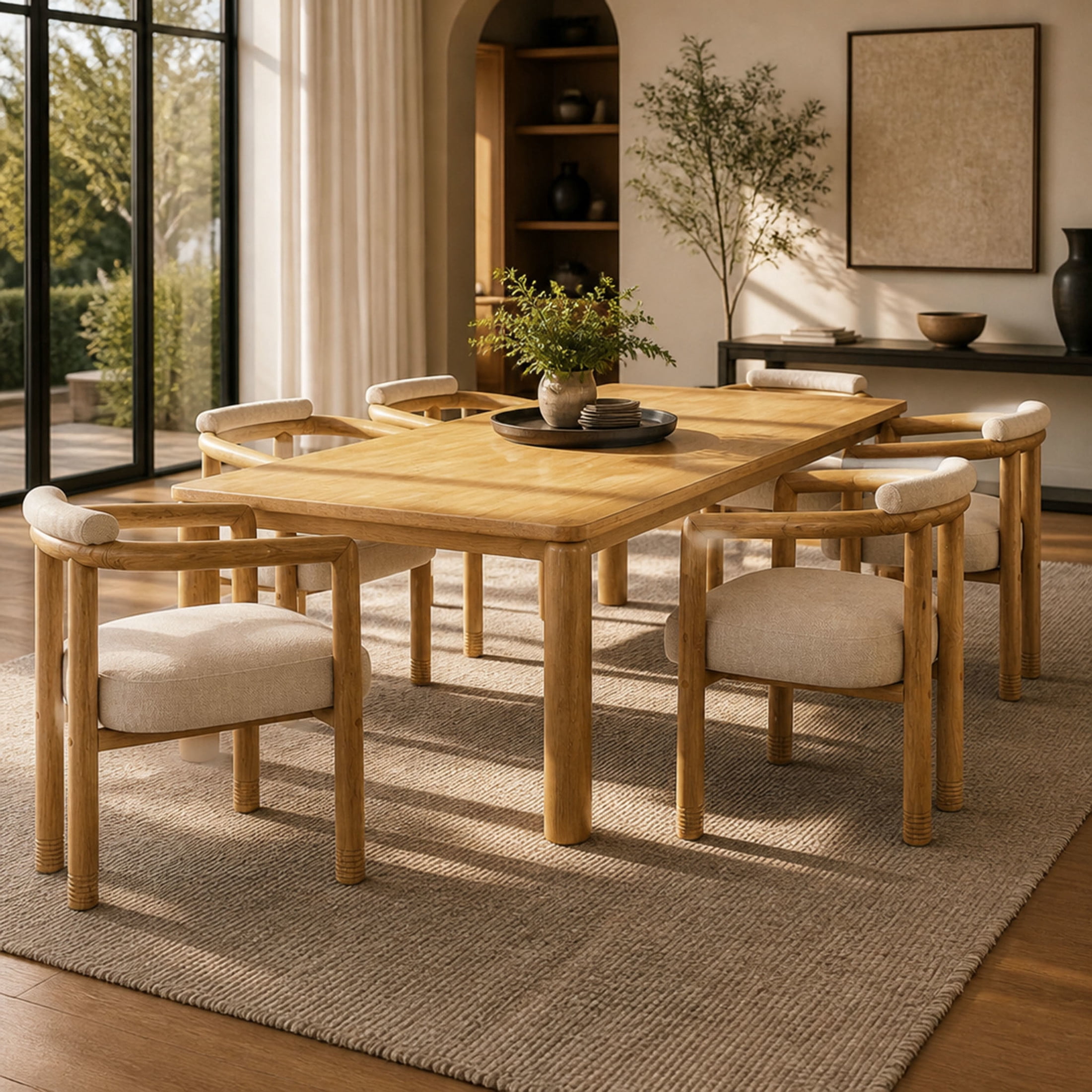 Christopher Knight Home 7-Piece Wood Dining Set, 70" Table with Upholstered Arm Chairs, Natural+Beige