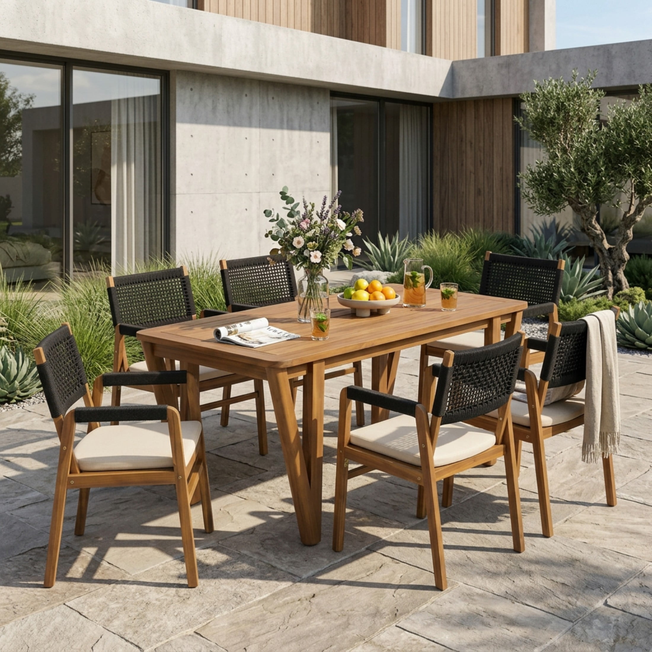 Christopher Knight Home 7-Piece Wood Modern Patio Dining Set with Rope Armchairs and Cushion, Black