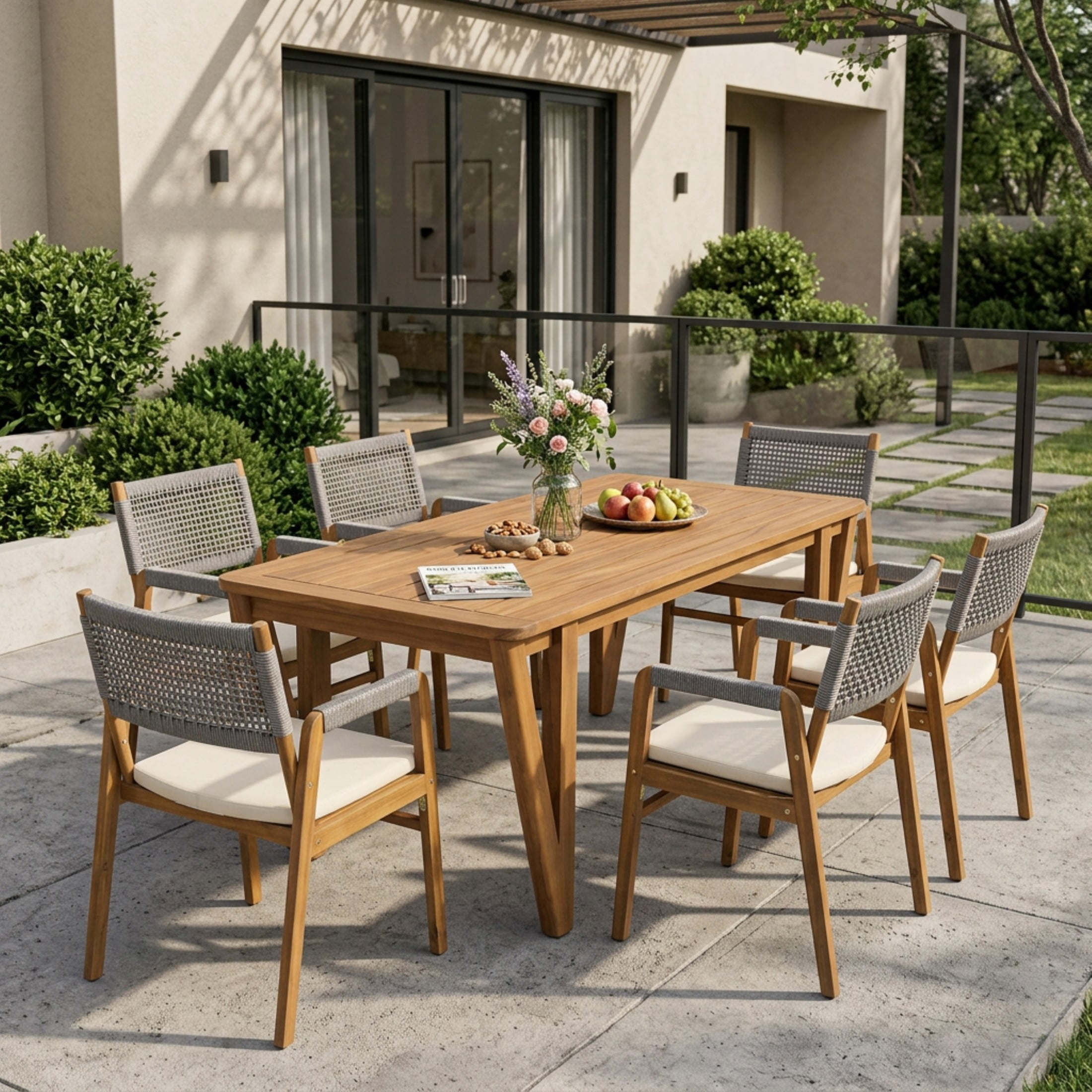 Christopher Knight Home 7-Piece Wood Modern Patio Dining Set with Rope Armchairs and Cushion, Gray