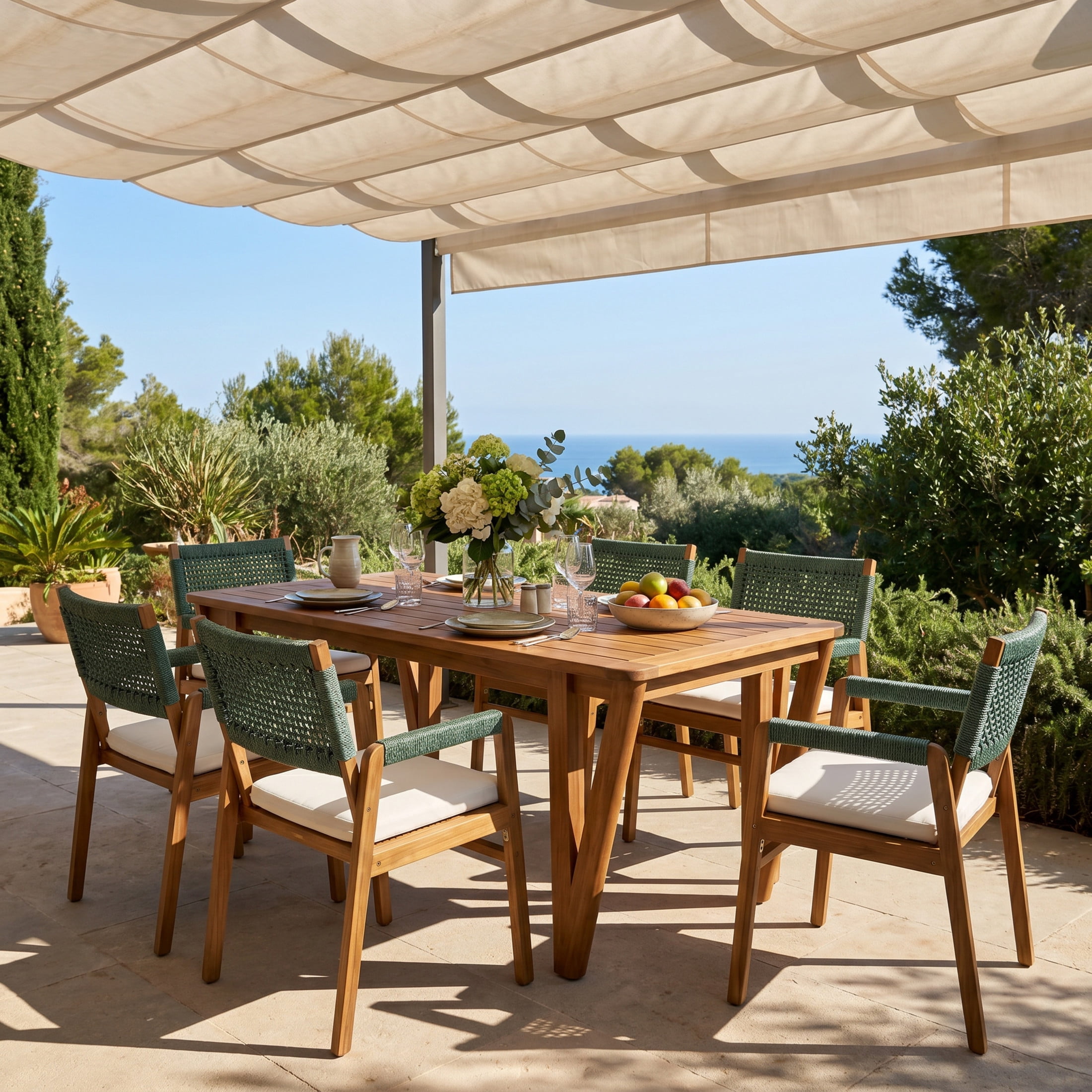 Christopher Knight Home 7-Piece Wood Modern Patio Dining Set with Rope Armchairs and Cushion, Green