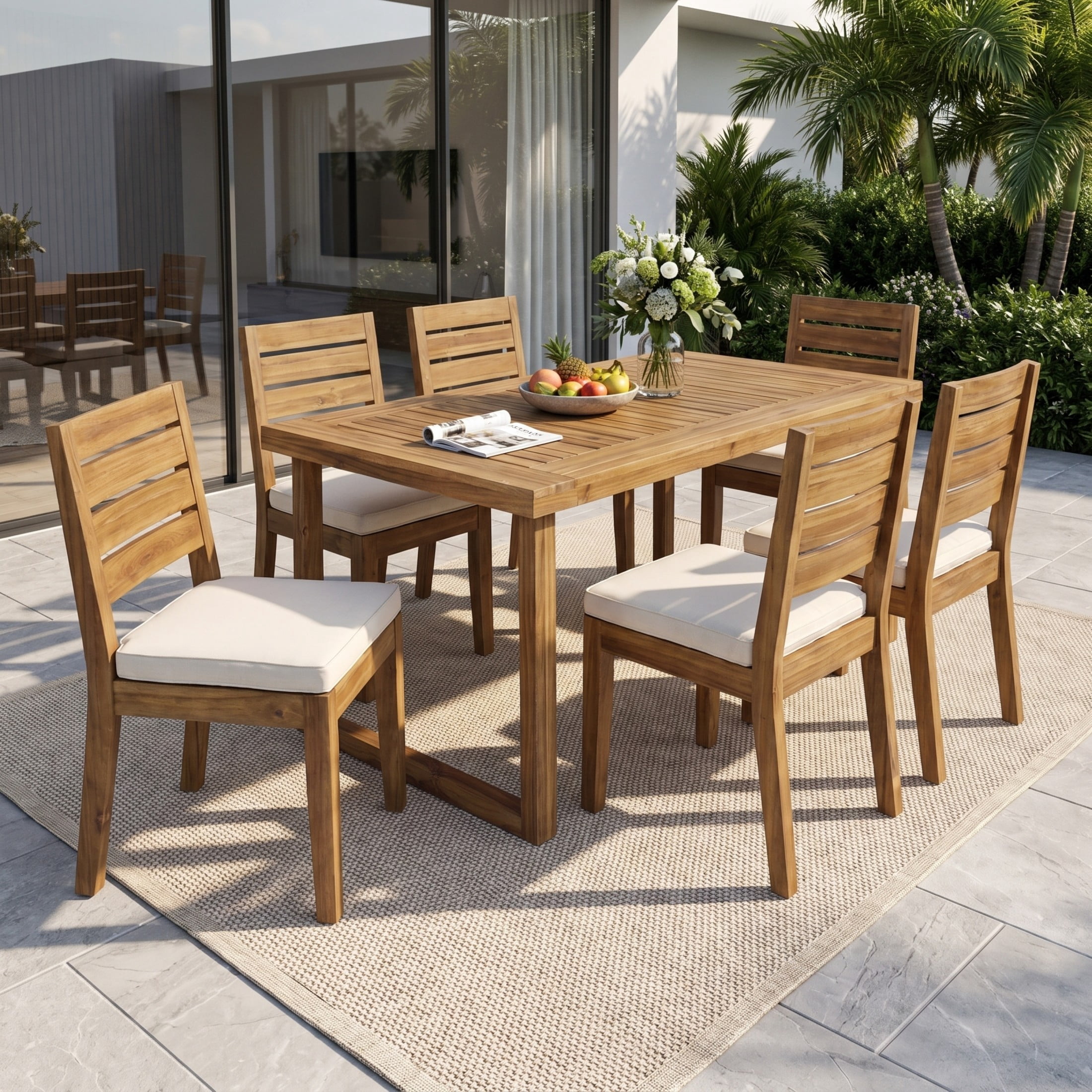 Christopher Knight Home 7-Piece Wood Outdoor Dining Set, 69" Table with Armless Cushioned Chairs, Natural+Beige
