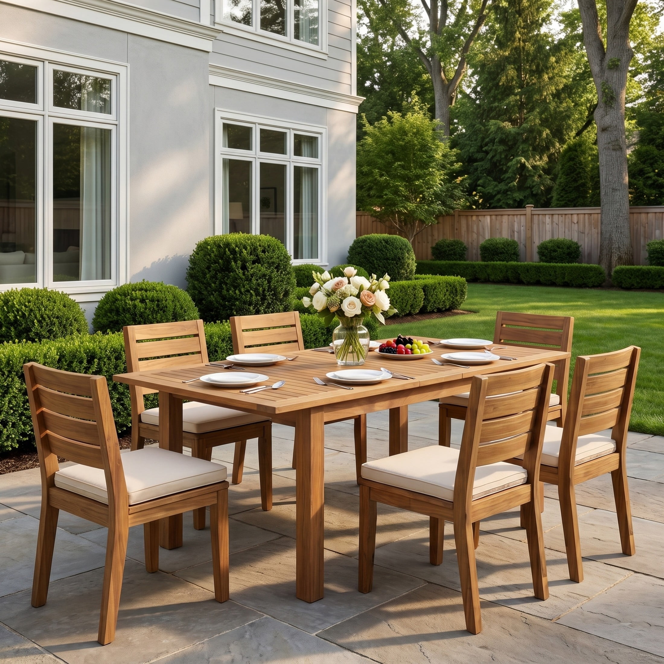 Christopher Knight Home 7-Piece Wood Outdoor Dining Set, Expandable Table and Cushioned Chairs, Natural+Beige