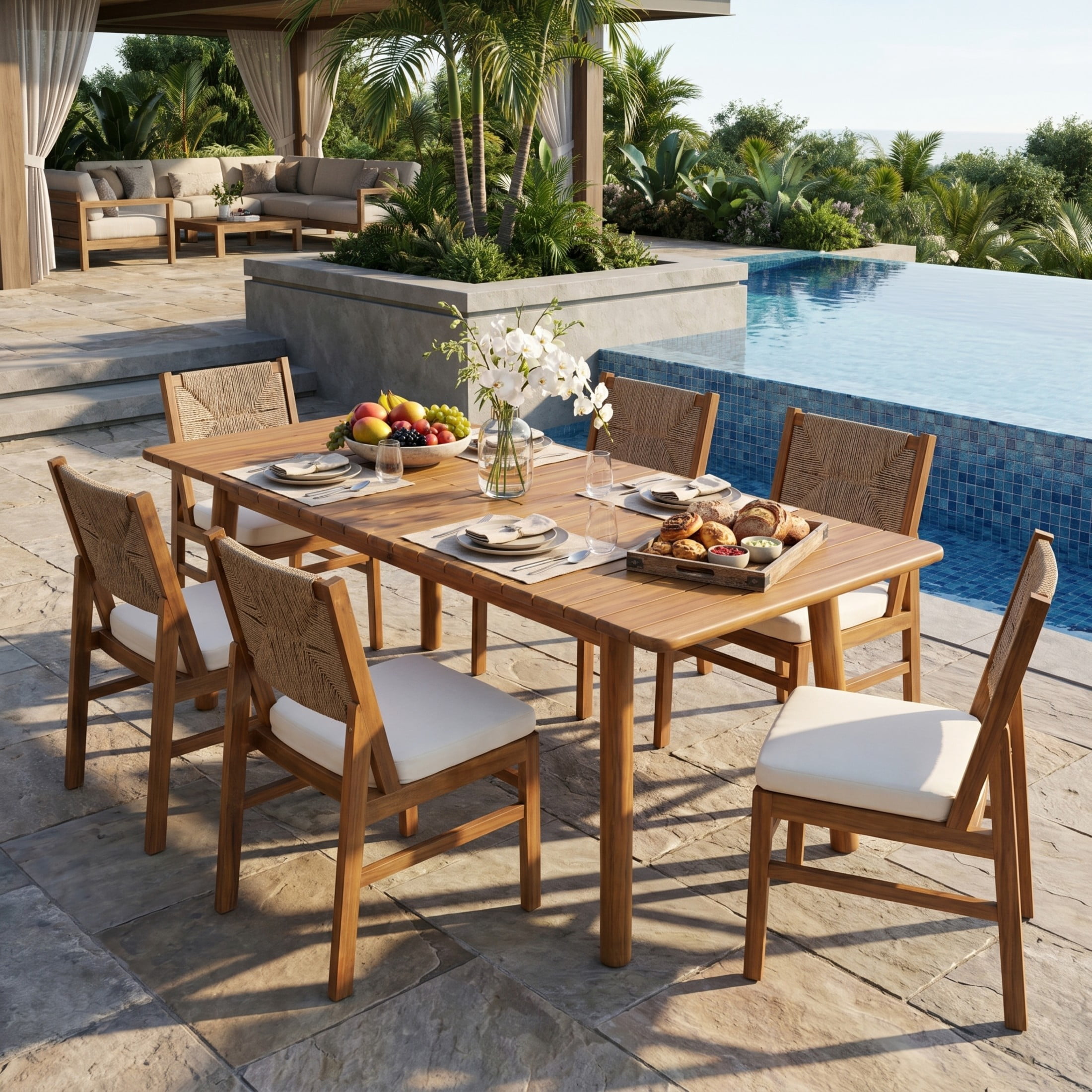 Christopher Knight Home 7-Piece Wood Outdoor Dining Set, Extendable Table with Cross Weave Wicker Chairs, Teak+Cream