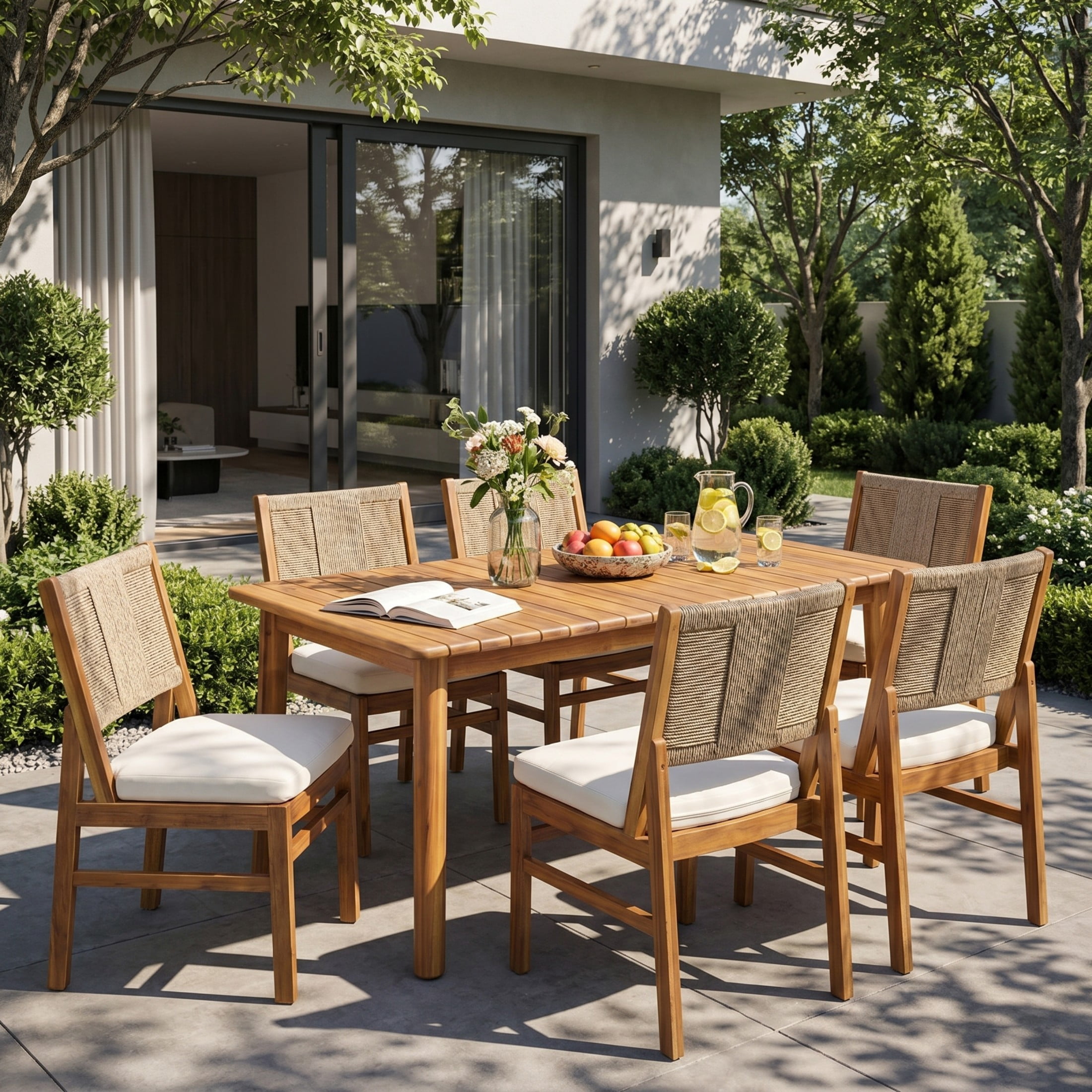 Christopher Knight Home 7-Piece Wood Outdoor Dining Set, Extendable Table with Line Weave Wicker Chairs, Teak+Cream