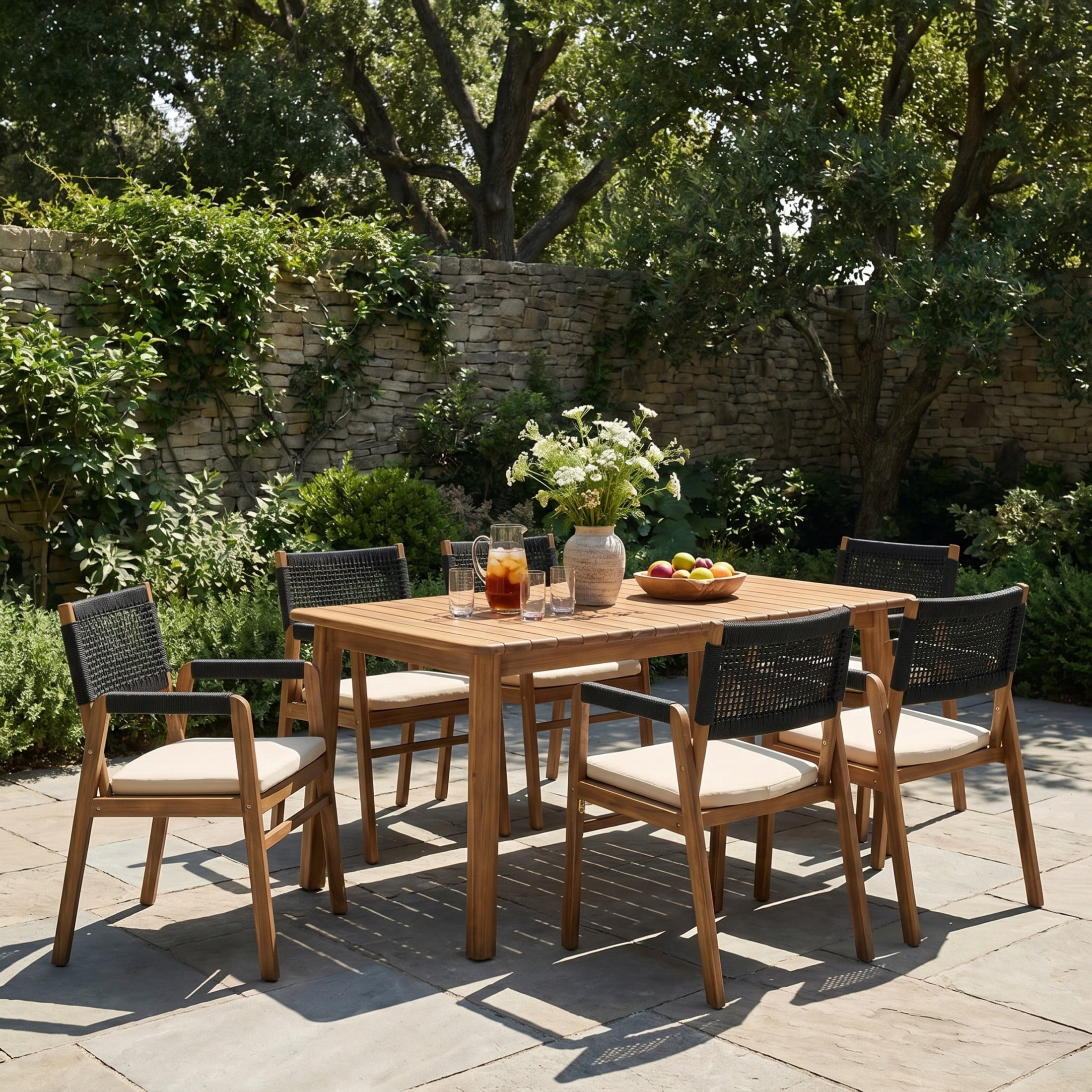 Christopher Knight Home 7-Piece Wood Outdoor Dining Set, Extendable Table with Rope Armchairs, Teak+Black
