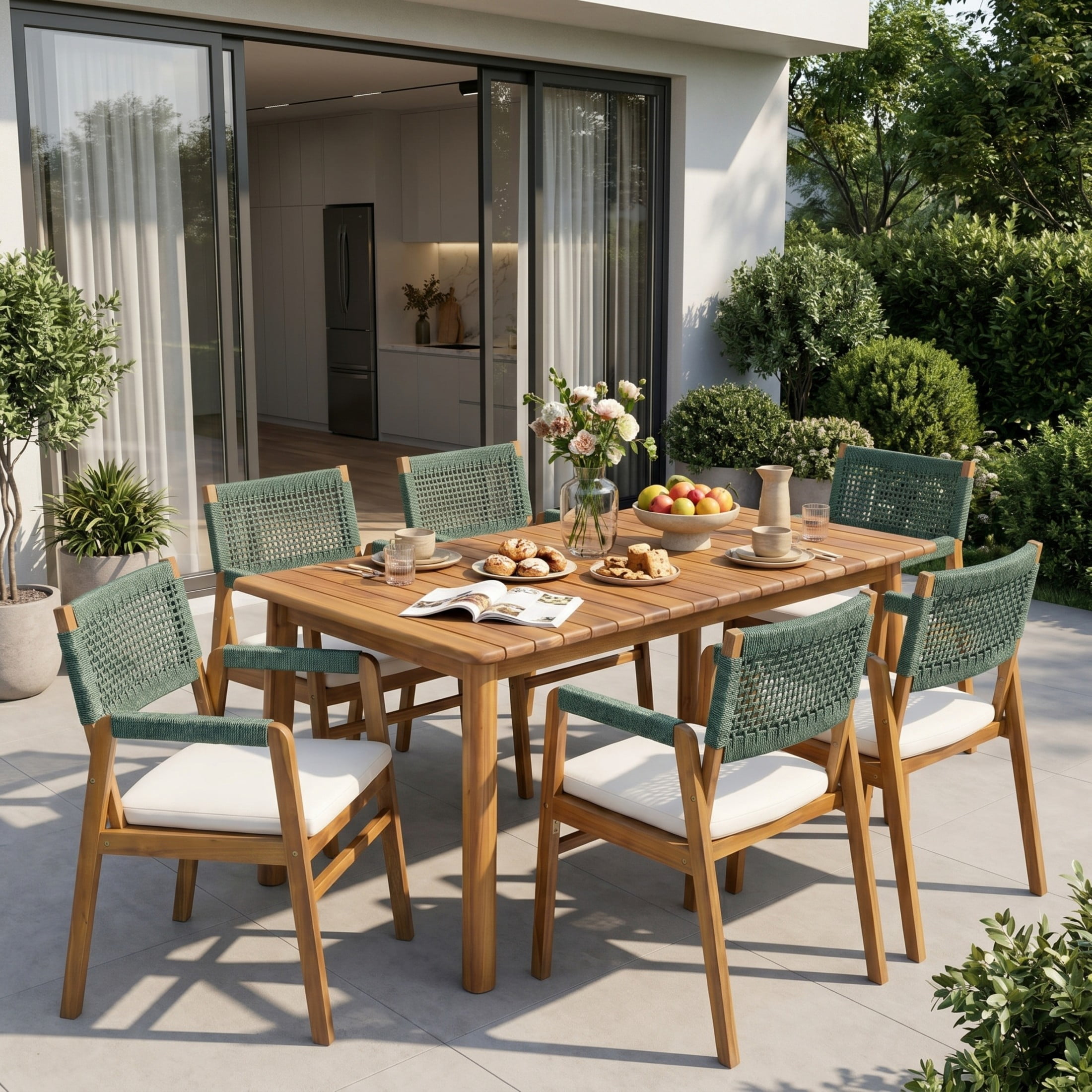 Christopher Knight Home 7-Piece Wood Outdoor Dining Set, Extendable Table with Rope Armchairs, Teak+Green