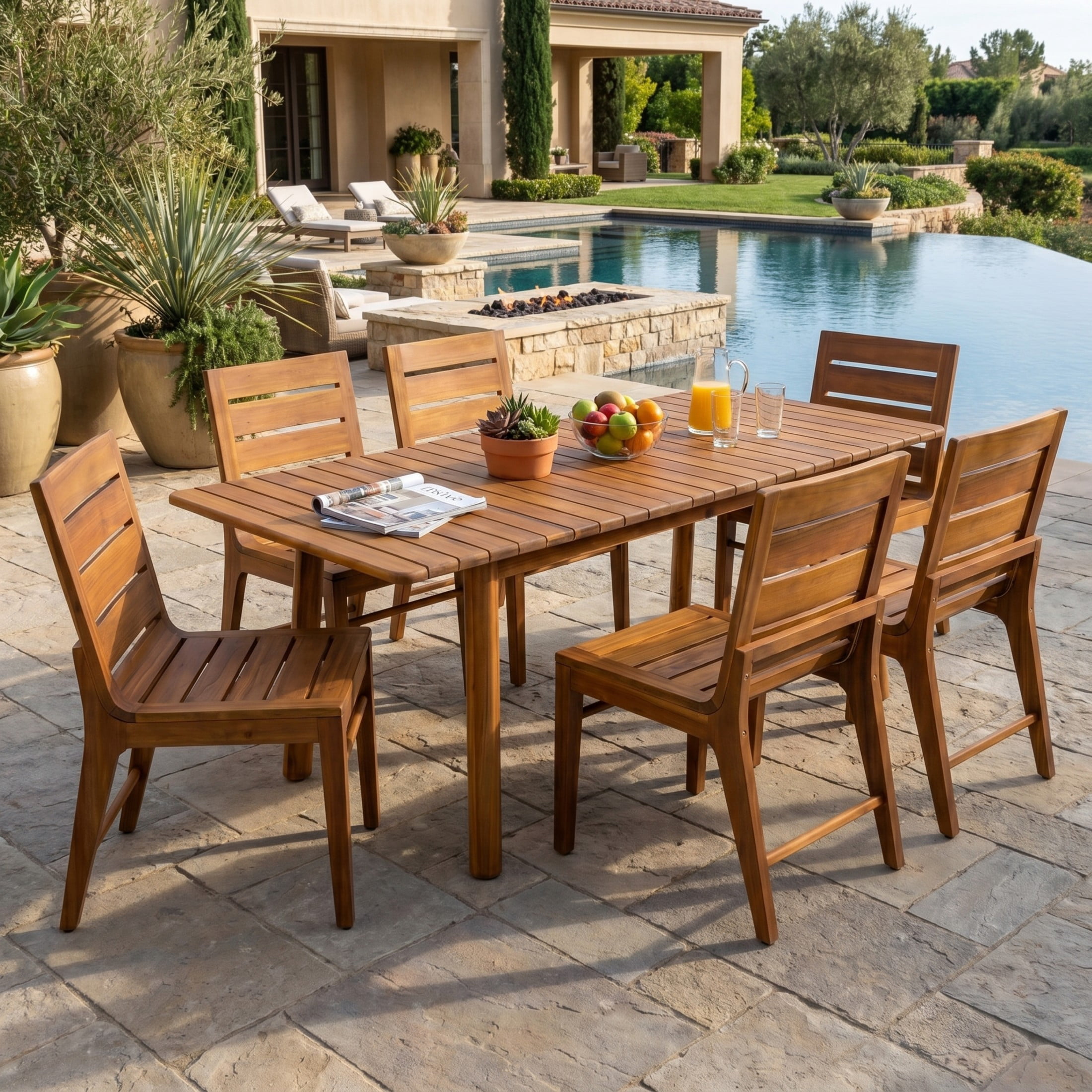 Christopher Knight Home 7-Piece Wood Outdoor Dining Set, Extendable Table with Slatted Armless Chairs, Teak