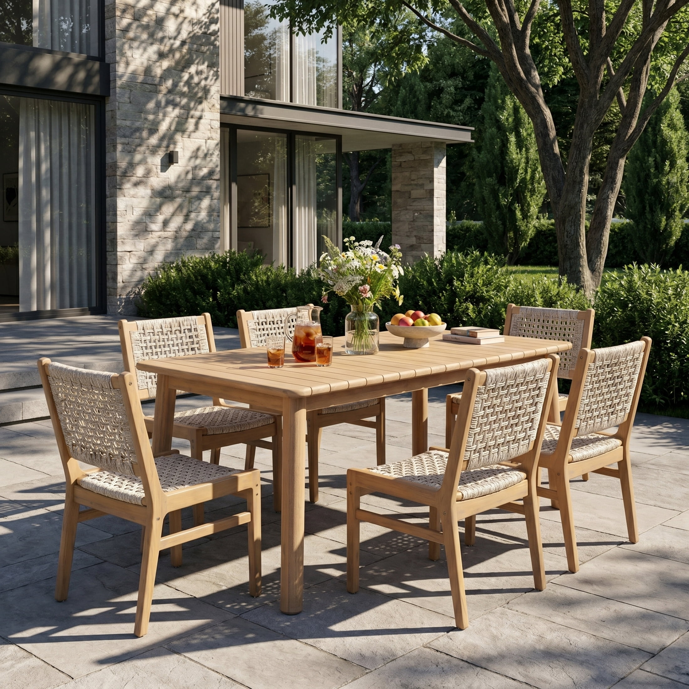 Christopher Knight Home 7-Piece Wood Outdoor Dining Set, Extendable Table with Wicker Chairs, Light Gray