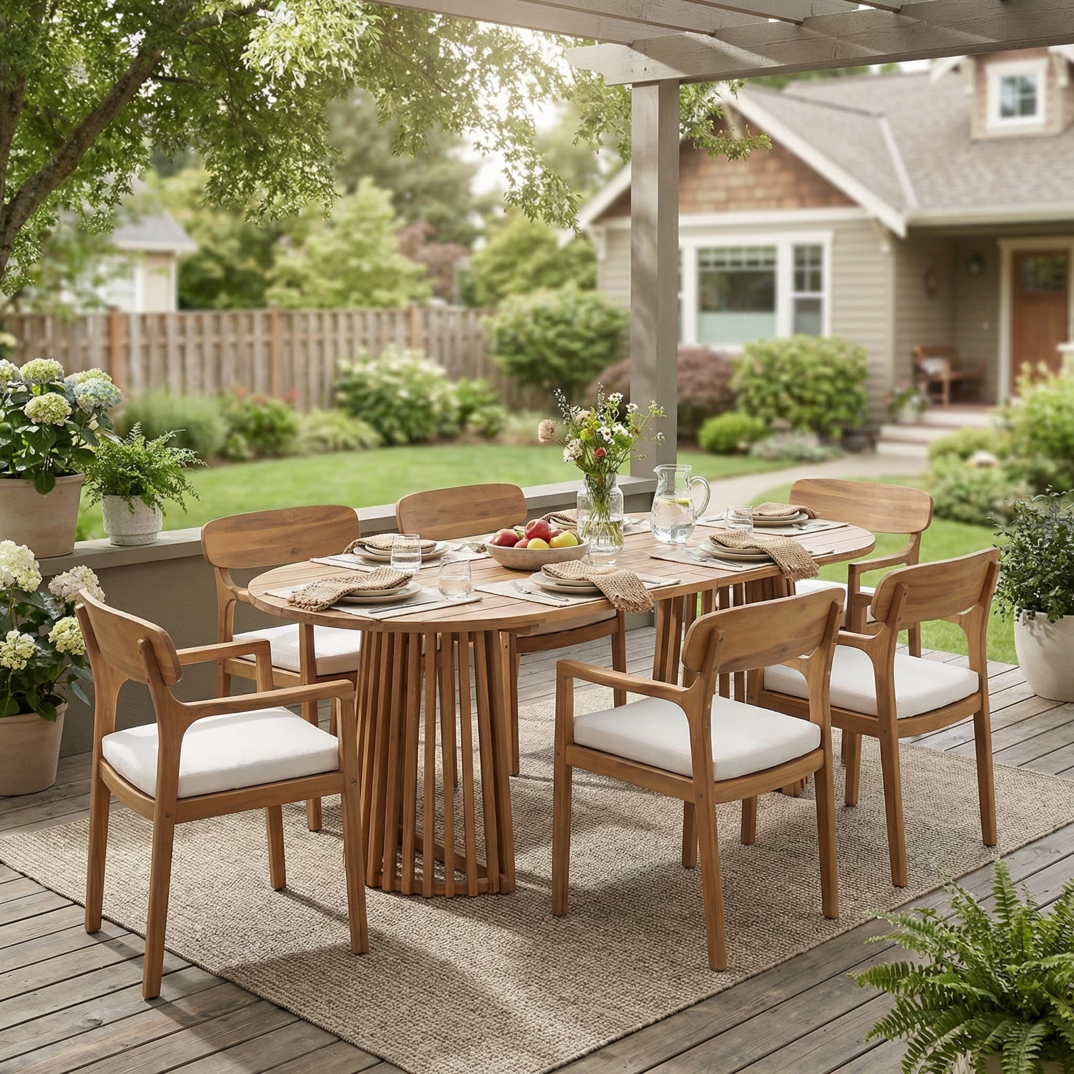Christopher Knight Home 7-Piece Wood Outdoor Dining Set, Oval Table with Cushioned Chairs, Light Teak+Brown