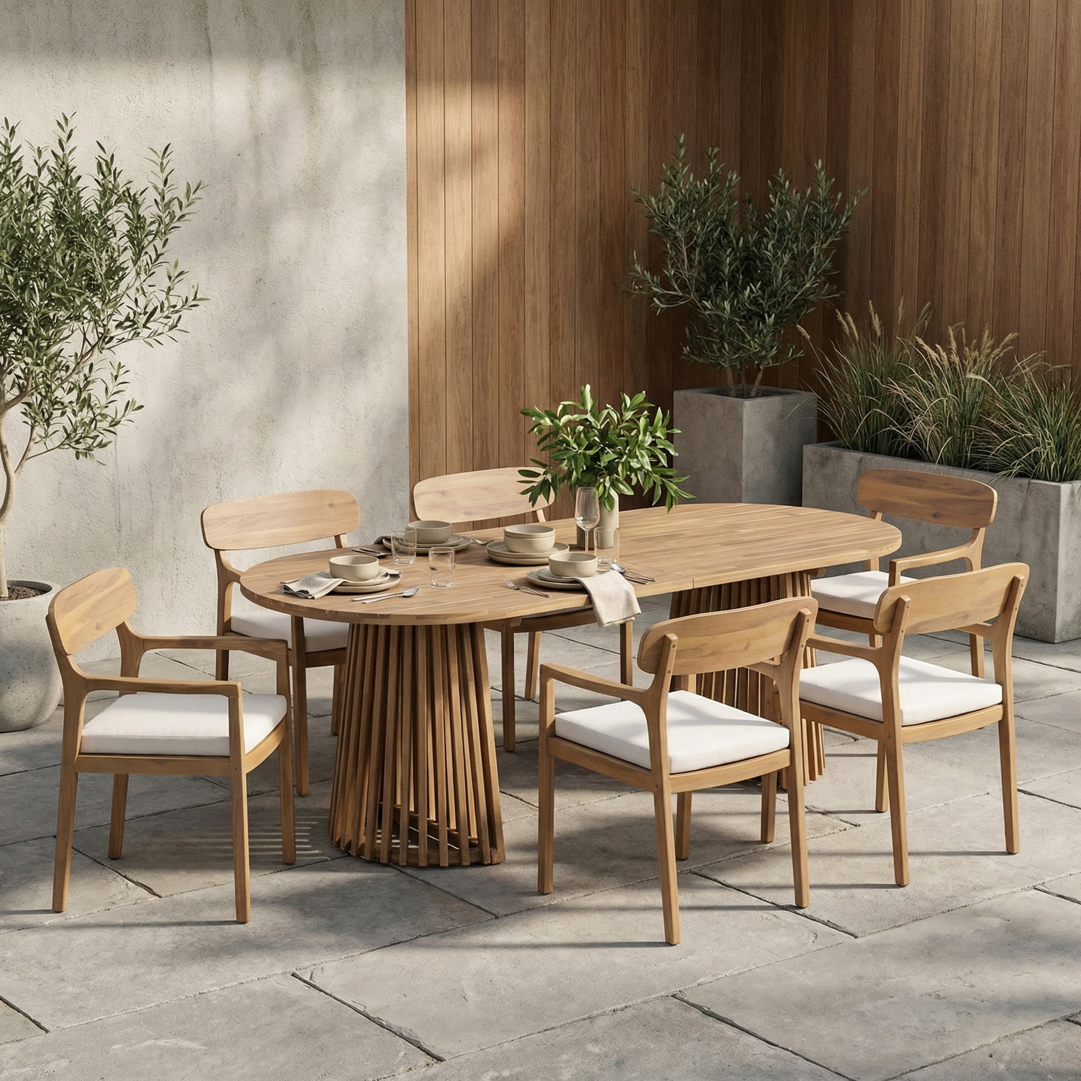 Christopher Knight Home 7-Piece Wood Outdoor Dining Set, Oval Table with Cushioned Chairs, Light Teak