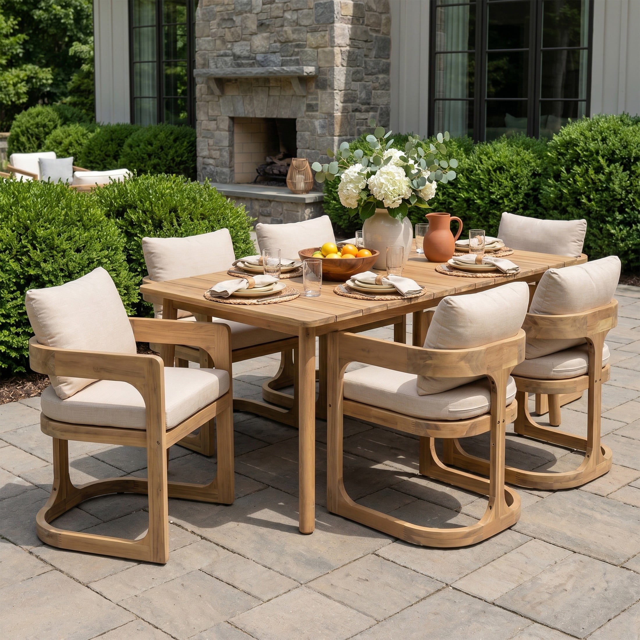 Christopher Knight Home 7-Piece Wood Outdoor Dining Set with Cushioned U-Sled Arm Chairs, Light Teak+Natural+Beige